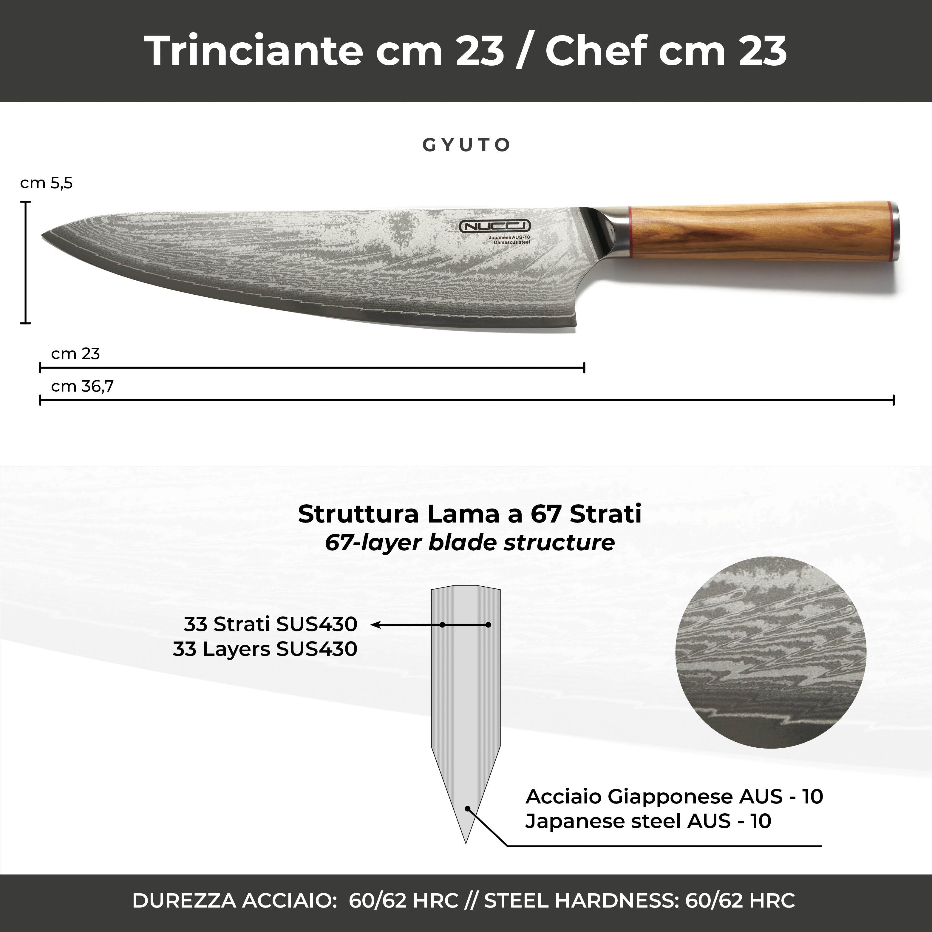 Coltello Trinciante 20cm Damascato Giapponese con manico in olivo