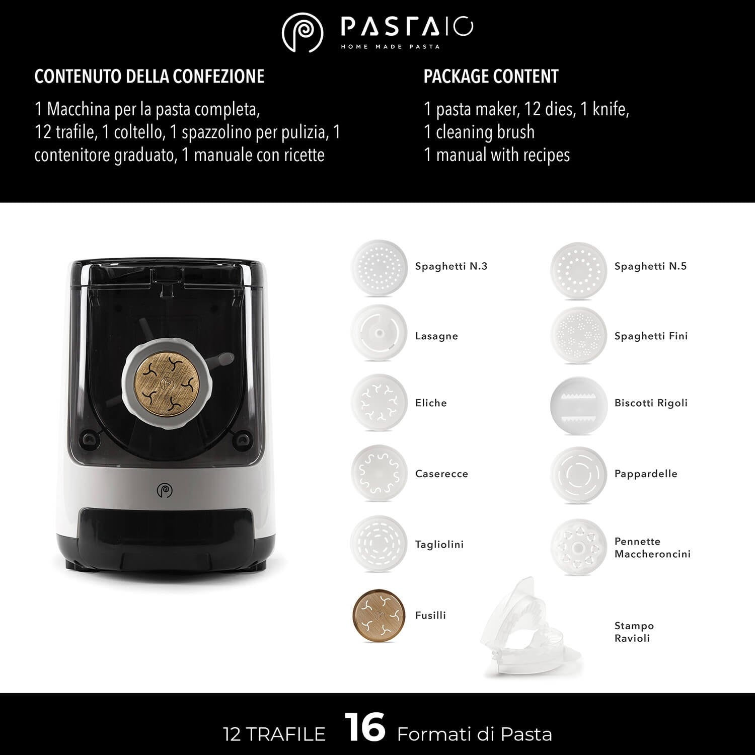 Macchina per la Pasta con 12 Trafile 1 trafila in bronzo dettaglio contenuto confezione