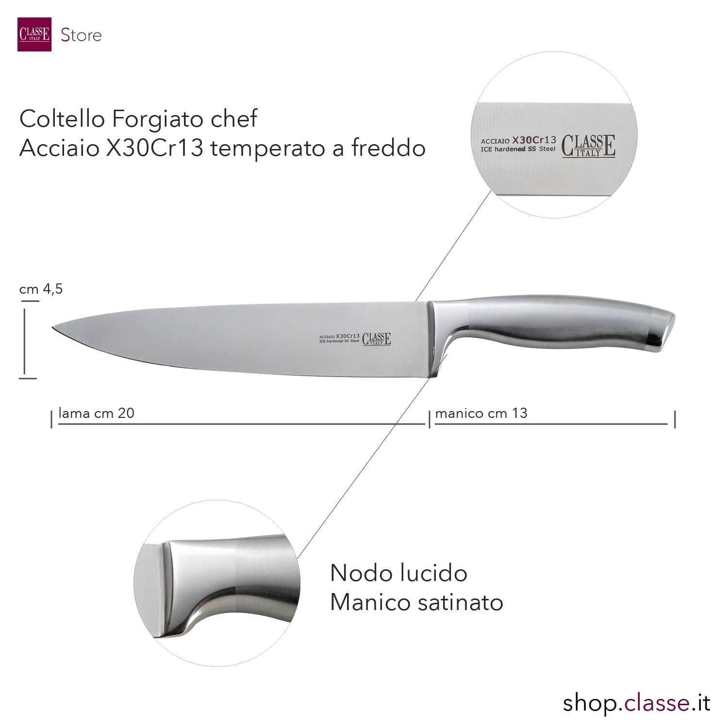 coltello cucina forgiato cm 20 manico acciaio dettaglio misure