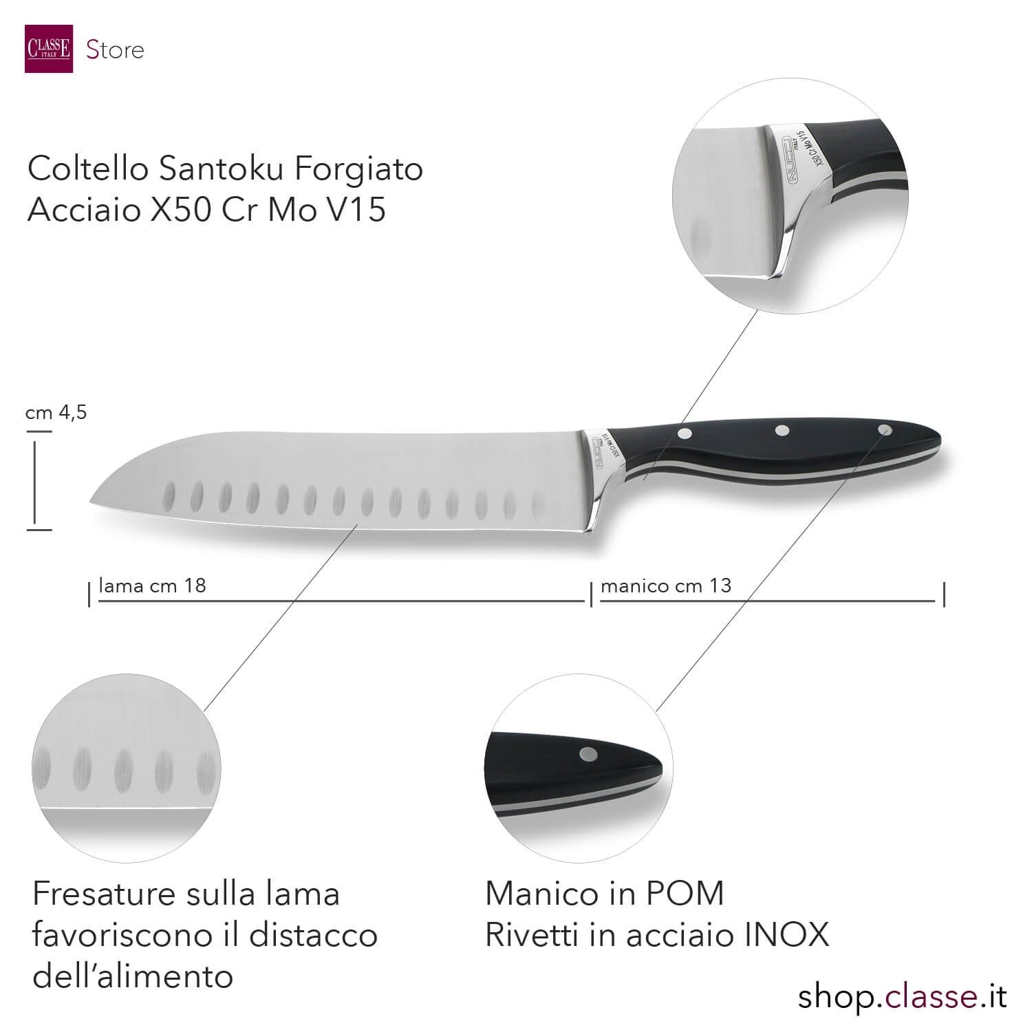 COLTELLO SANTOKU CM 17 FORGIATO MANICO NERO DETTAGLI MISURE