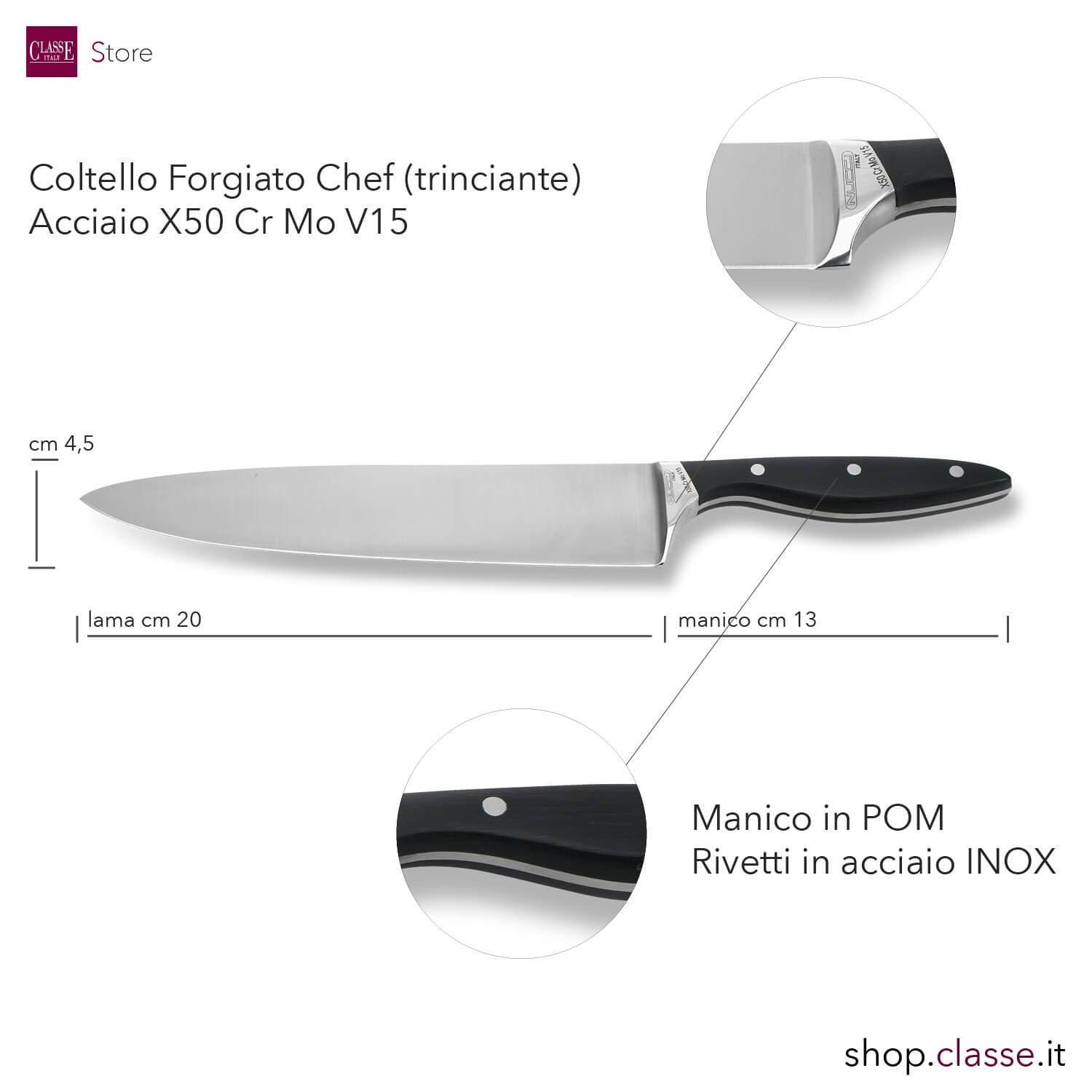 COLTELLO CUCINA TRINCIANTE CM20 FORGIATO MANICO NERO DETTAGLIO MISURE