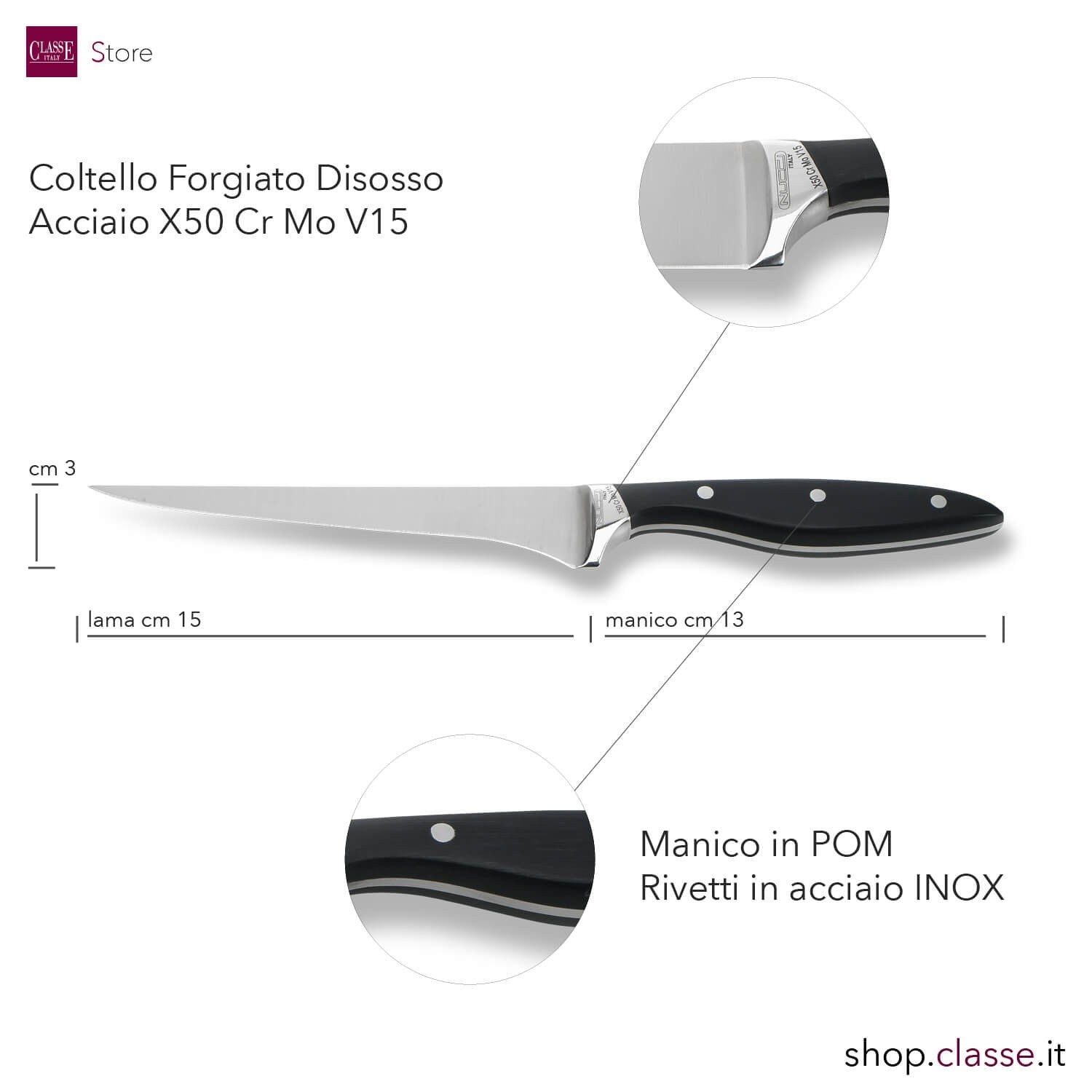 COLTELLO DISOSSO CM15 FORGIATO MANICO NERO DETTAGLIO MISURE