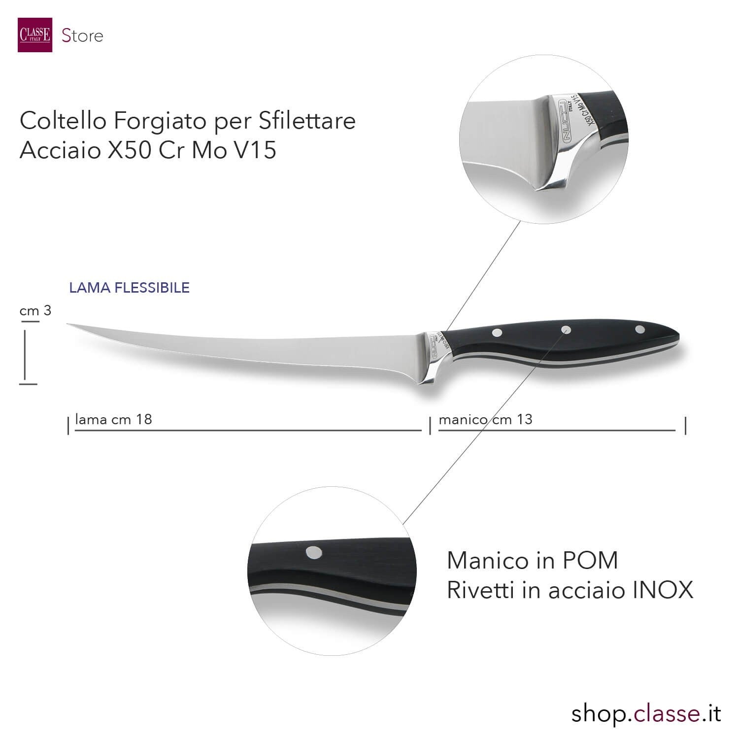 COLTELLO SFILETTATORE CM 19 FORGIATO MANICO NERO DETTAGLIO MISURE