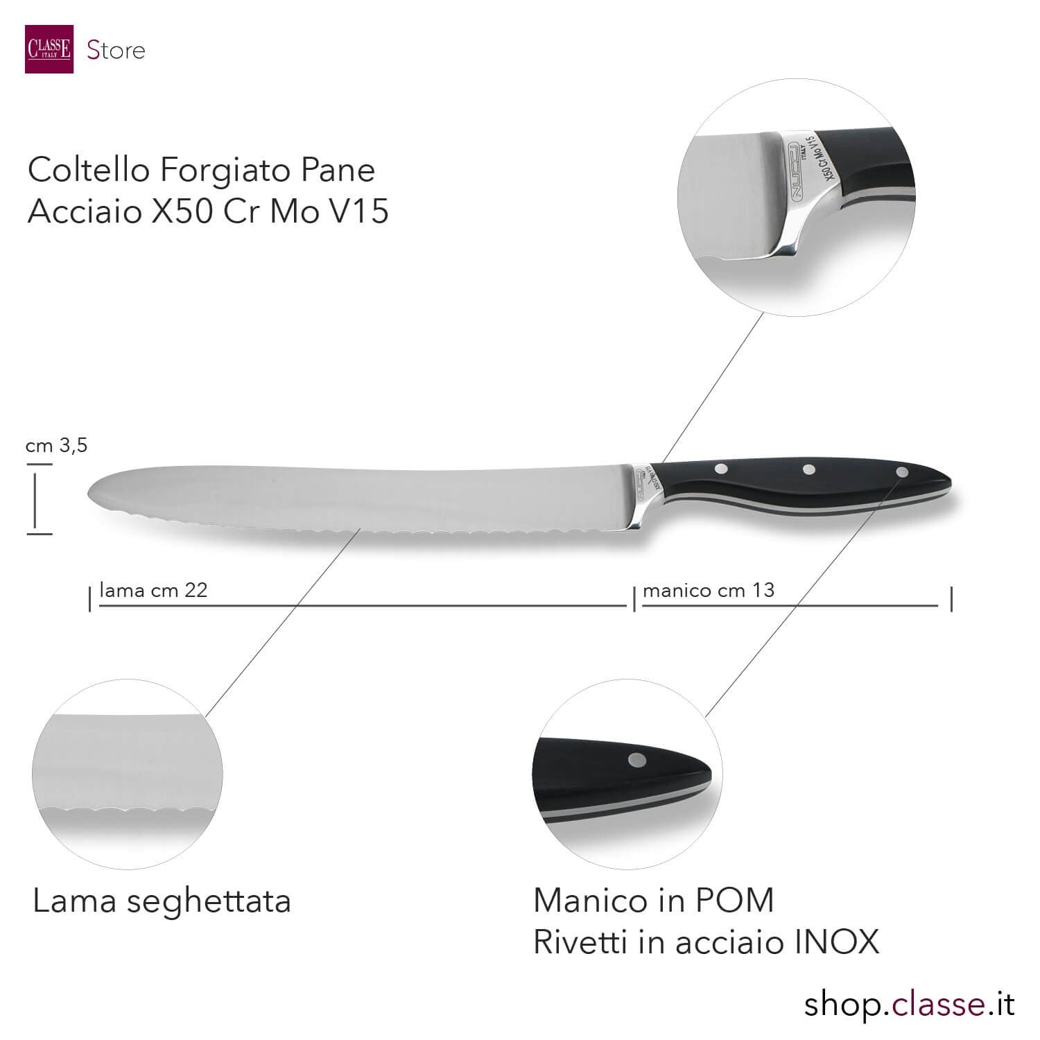 COLTELLO PANE CM22 FORGIATO MANICO NERO DETTAGLIO MISURE
