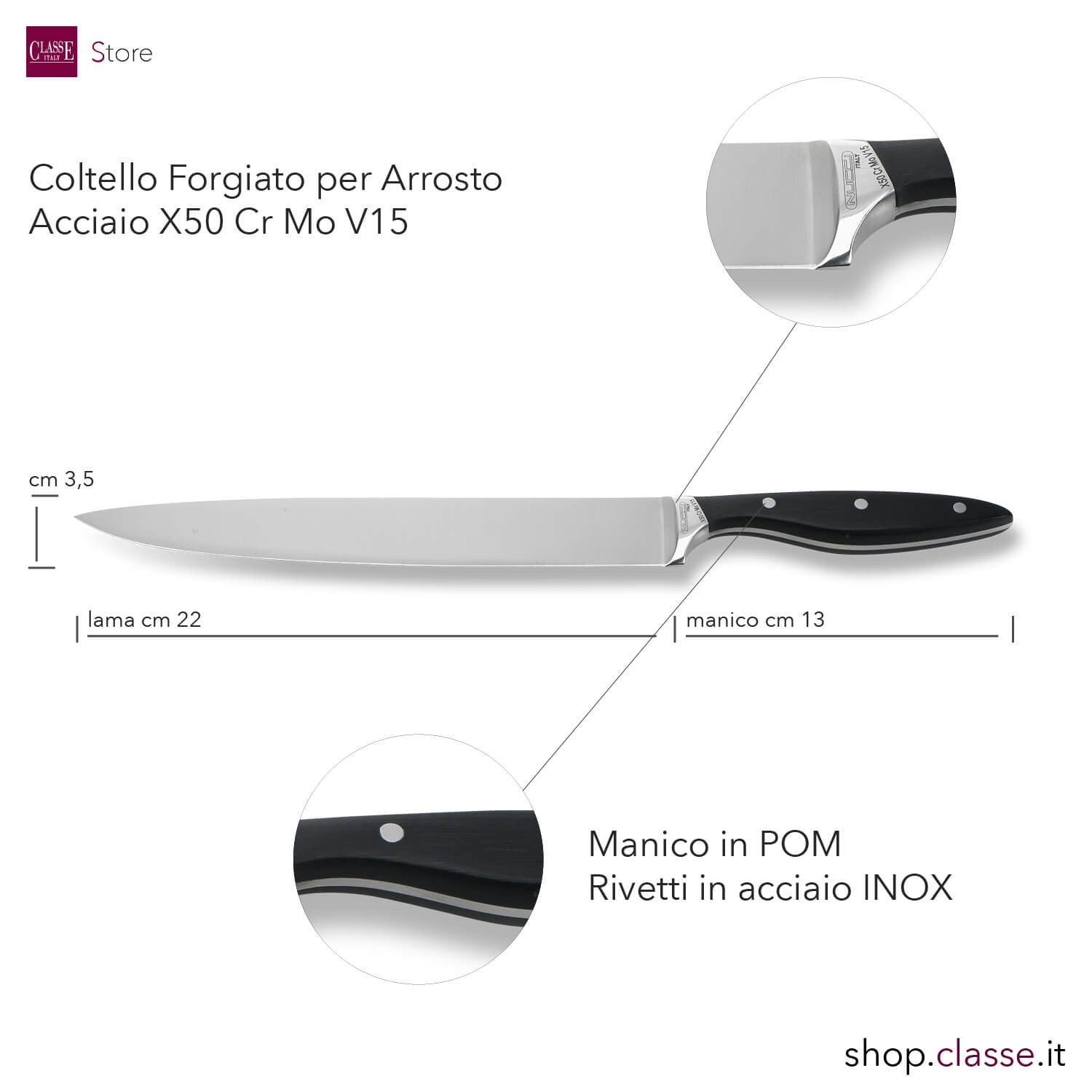 COLTELLO ARROSTO CM22 FORGIATO MANICO NERO DETTAGLIO MISURE