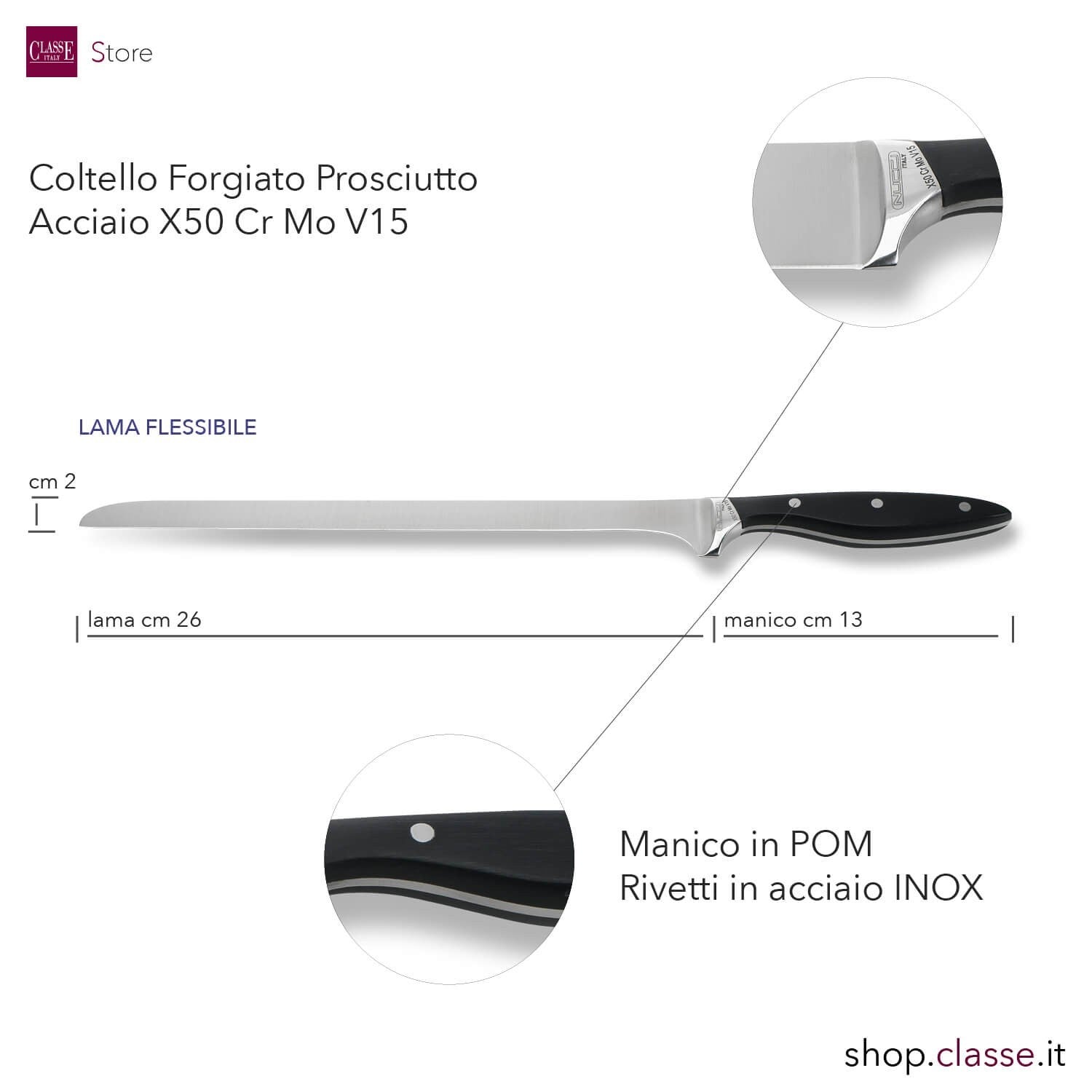 COLTELLO PROSCIUTTO CM26 FORGIATO MANICO NERO DETTAGLIO MISURE