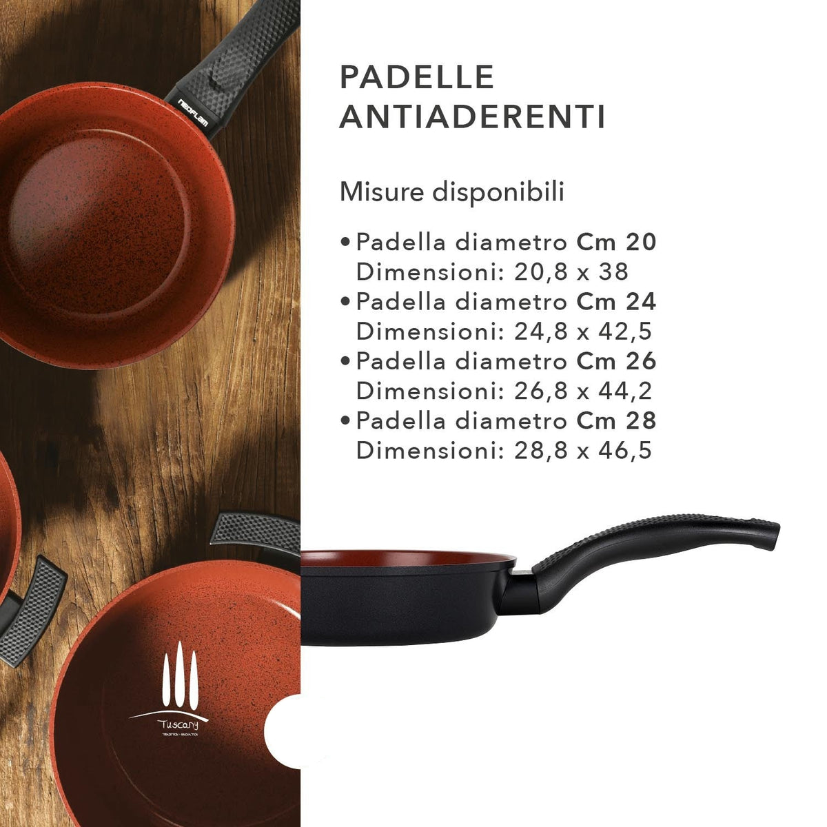 Padelle antiaderenti Ecologiche Linea Tuscany - Misure
