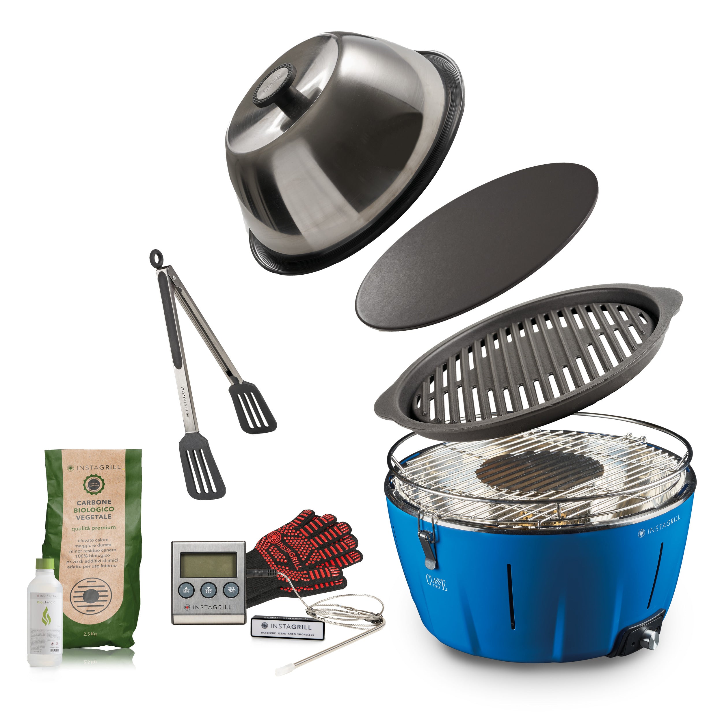 Instagrill Master Griller Blu Oceano, il Barbecue da Tavolo a bassa emissione di fumo, completo dei suoi accessori e di starter kit.