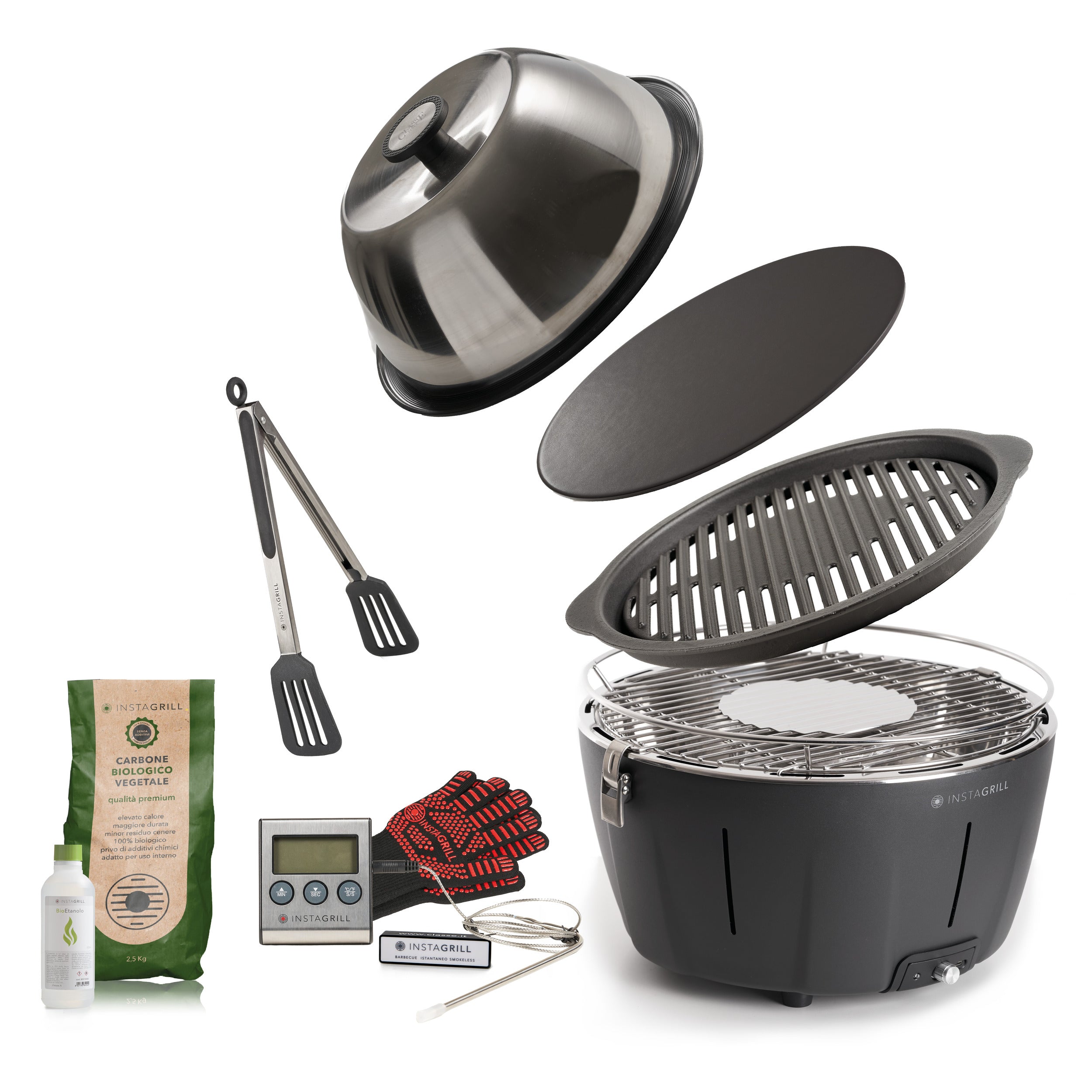 Instagrill Master Griller Nero Antracite, il Barbecue da Tavolo a bassa emissione di fumo, completo dei suoi accessori e di starter kit.