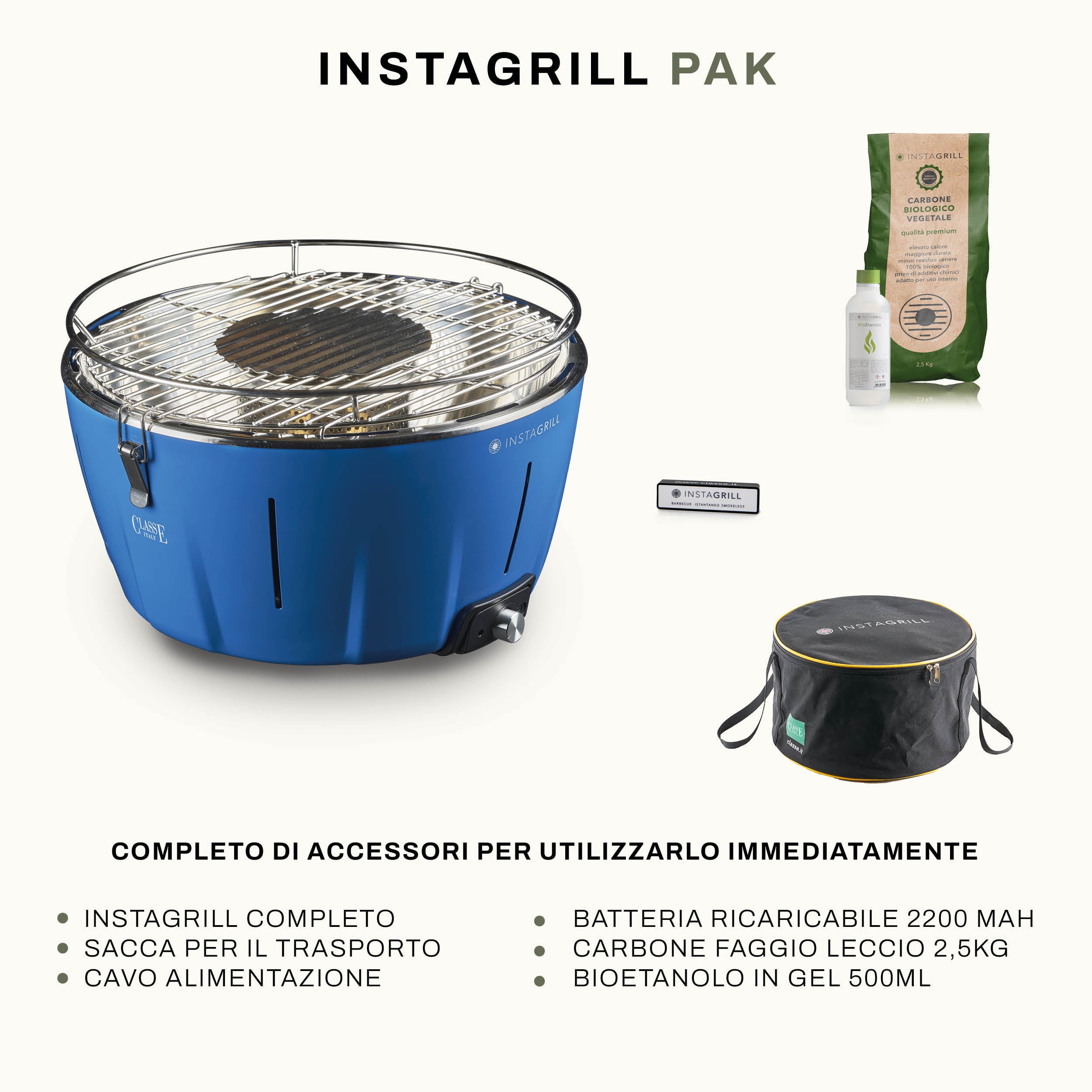 Instagrill Pak Blu Oceano, il Barbecue da Tavolo a bassa emissione di fumo, completo dei suoi accessori: sacca per il trasporto, carbone di faggio, bioetanolo in gel e power bank con cavo di alimentazione.