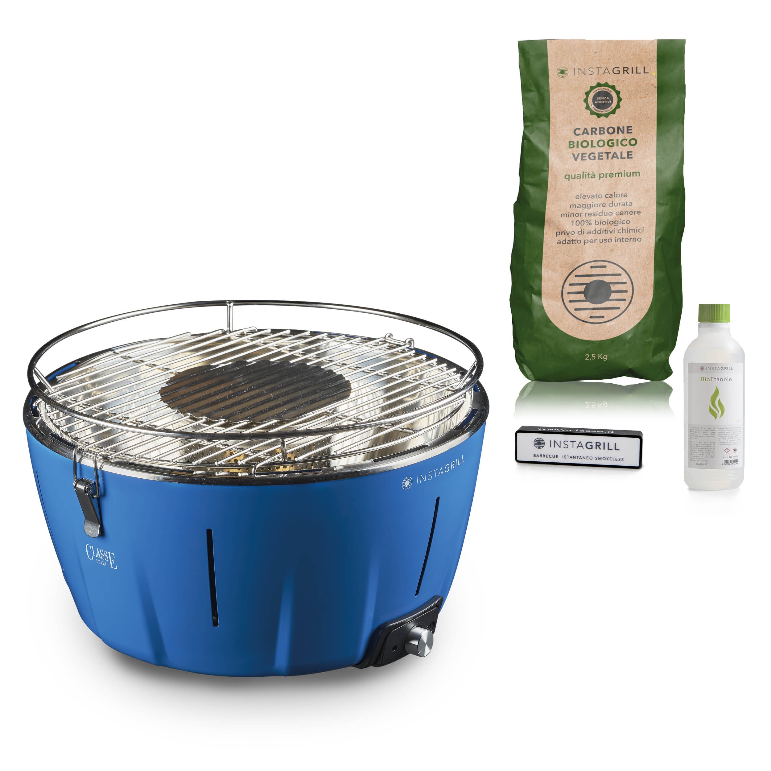 Instagrill Pak Blu Oceano, il Barbecue da Tavolo a bassa emissione di fumo, completo di starter kit.