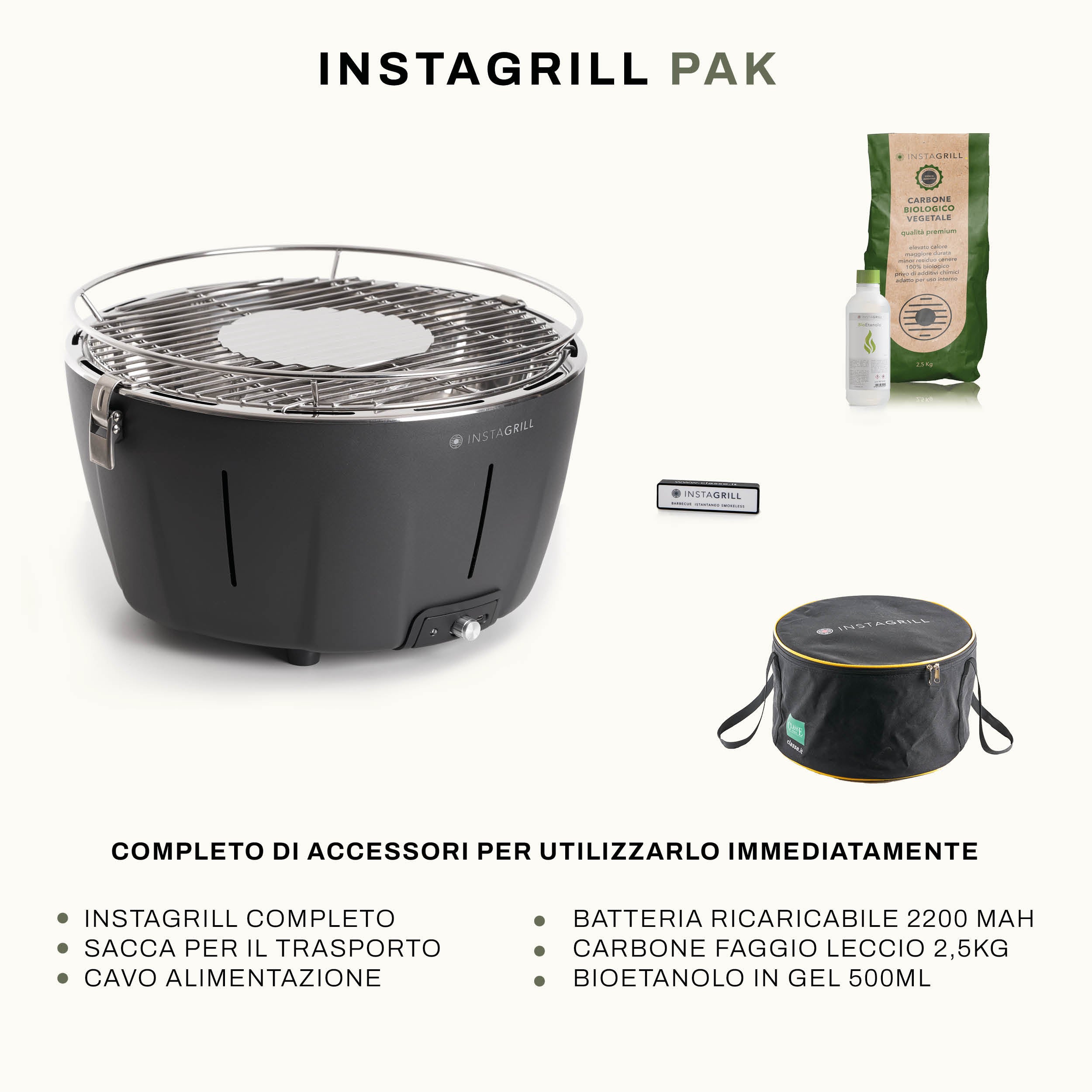 Instagrill Pak Nero Antracite, il Barbecue da Tavolo a bassa emissione di fumo, completo dei suoi accessori: sacca per il trasporto, carbone di faggio, bioetanolo in gel e power bank con cavo di alimentazione.