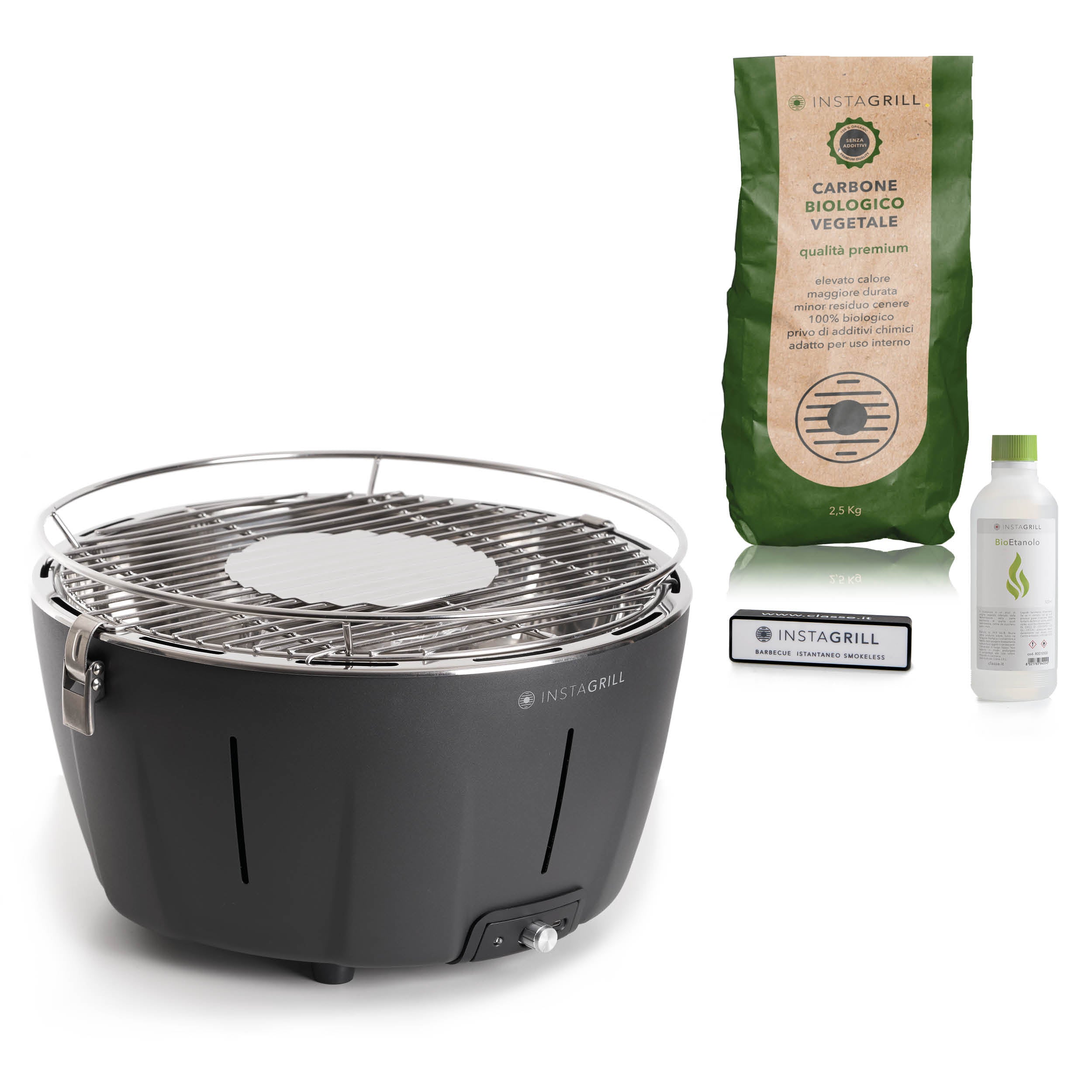 Instagrill Pak Nero Antracite, il Barbecue da Tavolo a bassa emissione di fumo, completo di starter kit.