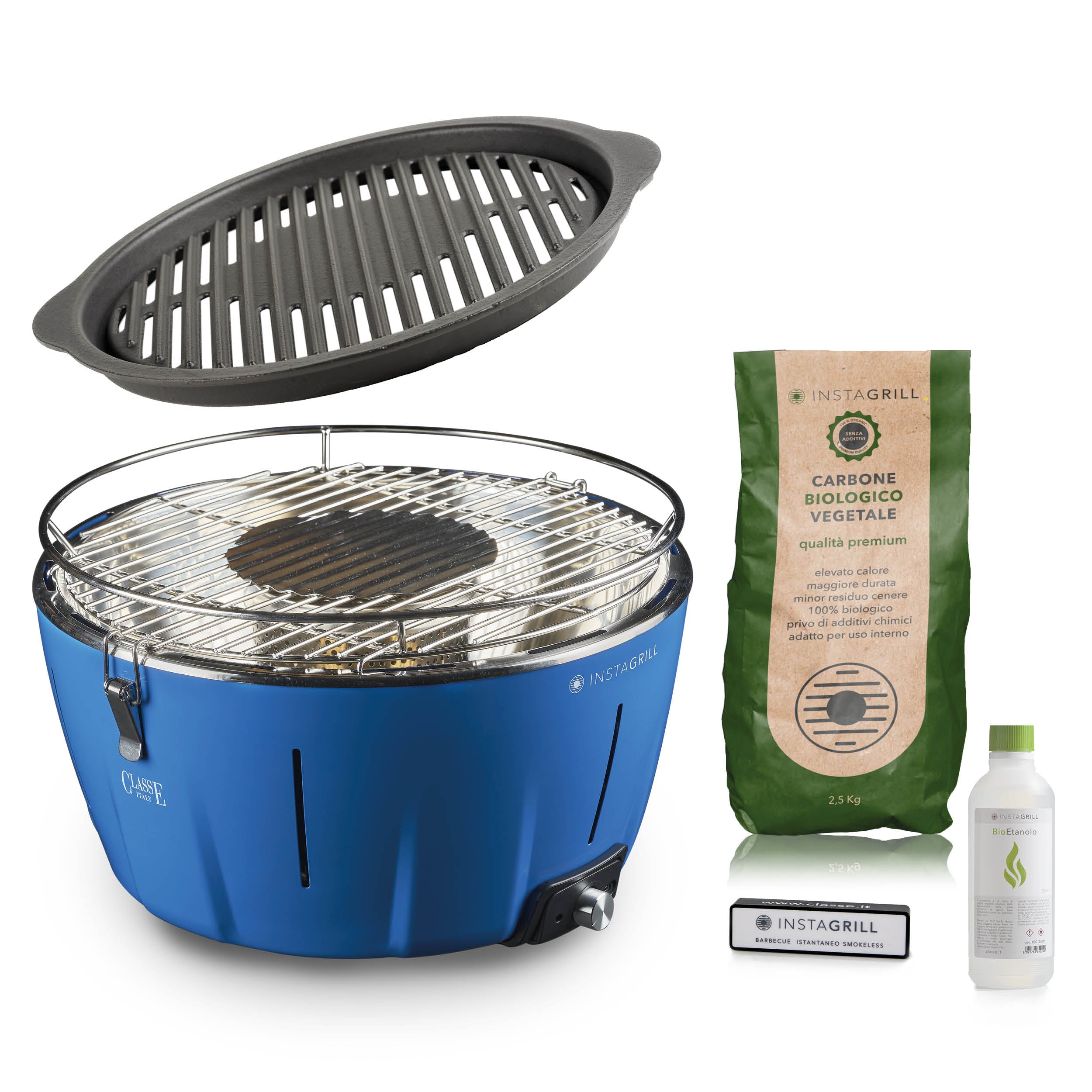 Instagrill Advanced Blu Oceano, il Barbecue da Tavolo a bassa emissione di fumo, completo dei suoi accessori e di starter kit.
