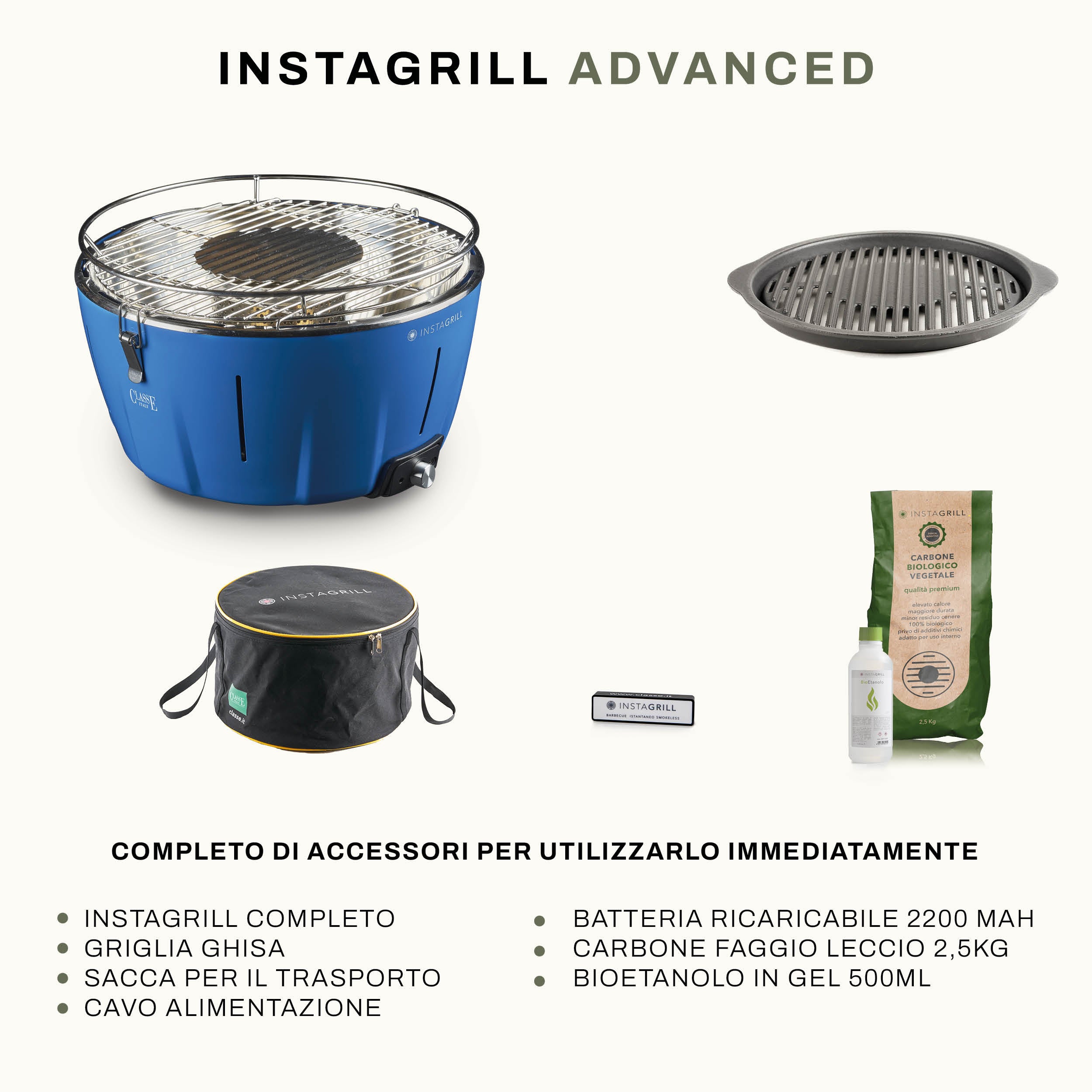 Instagrill Advanced Blu Oceano, il Barbecue da Tavolo a bassa emissione di fumo, completo dei suoi accessori: griglia in ghisa, sacca per il trasporto, carbone di faggio, bioetanolo in gel e power bank con cavo di alimentazione.