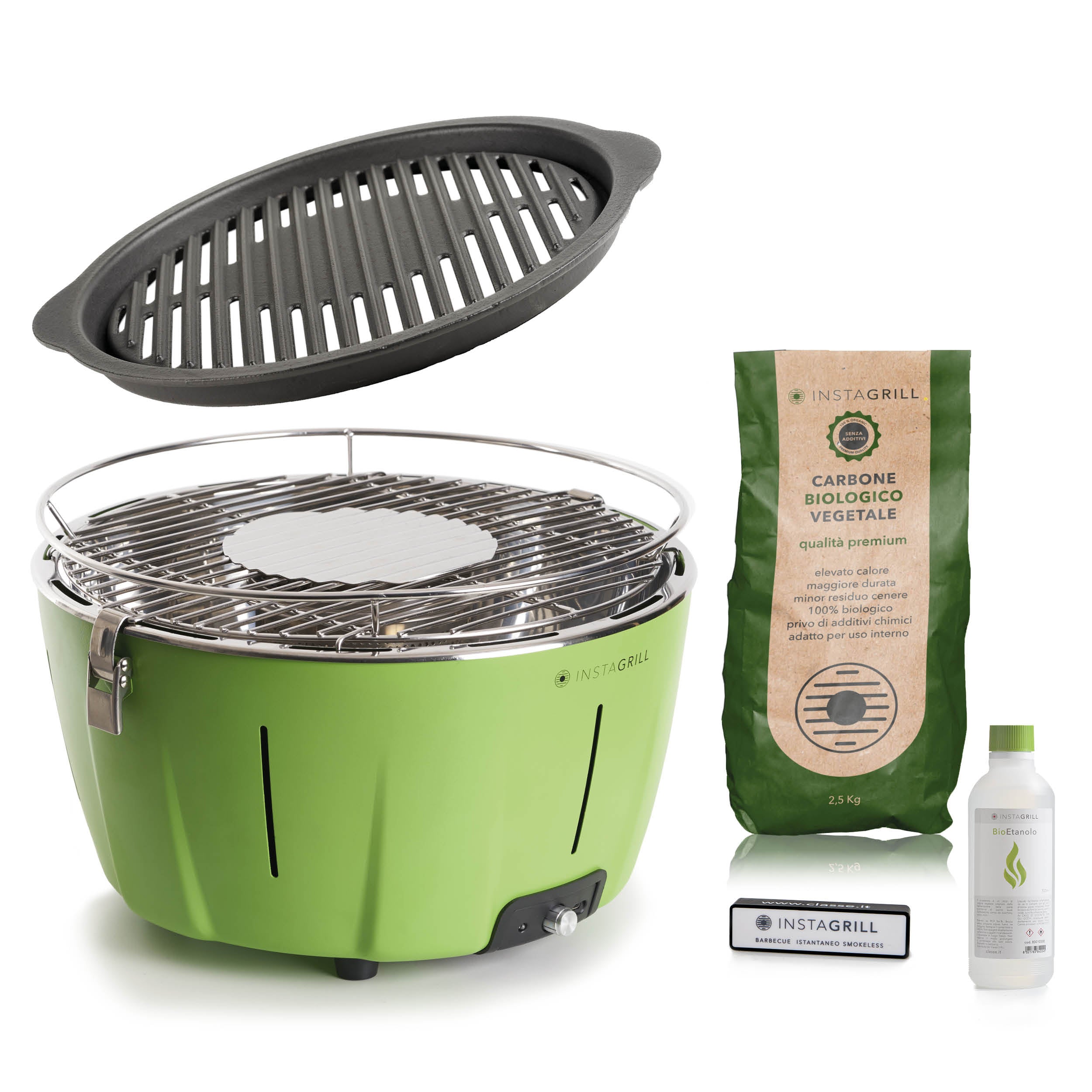 Instagrill Advanced Verde Avocado, il Barbecue da Tavolo a bassa emissione di fumo, completo dei suoi accessori e di starter kit.