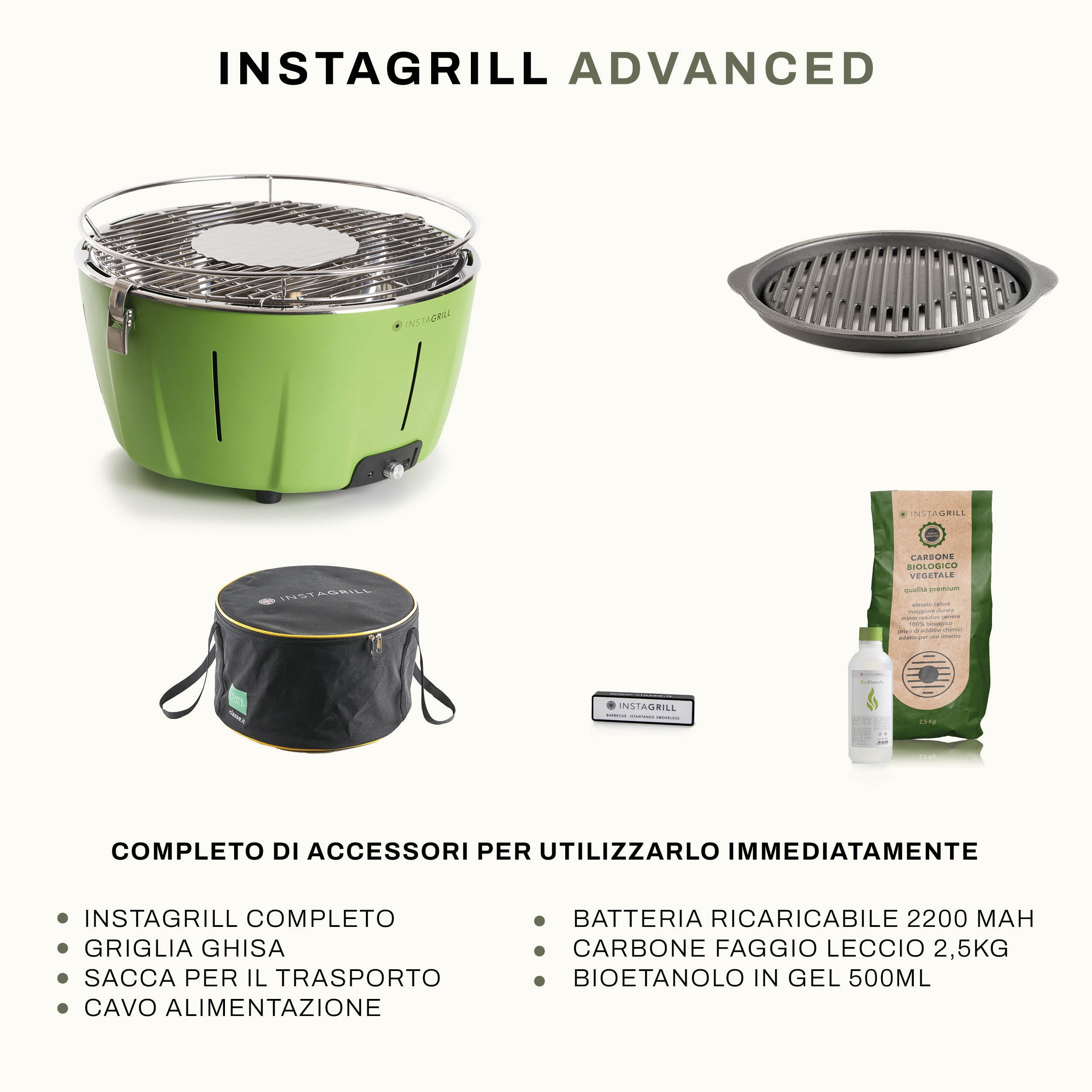 Instagrill Advanced Verde Avocado, il Barbecue da Tavolo a bassa emissione di fumo, completo dei suoi accessori: griglia in ghisa, sacca per il trasporto, carbone di faggio, bioetanolo in gel e power bank con cavo di alimentazione.