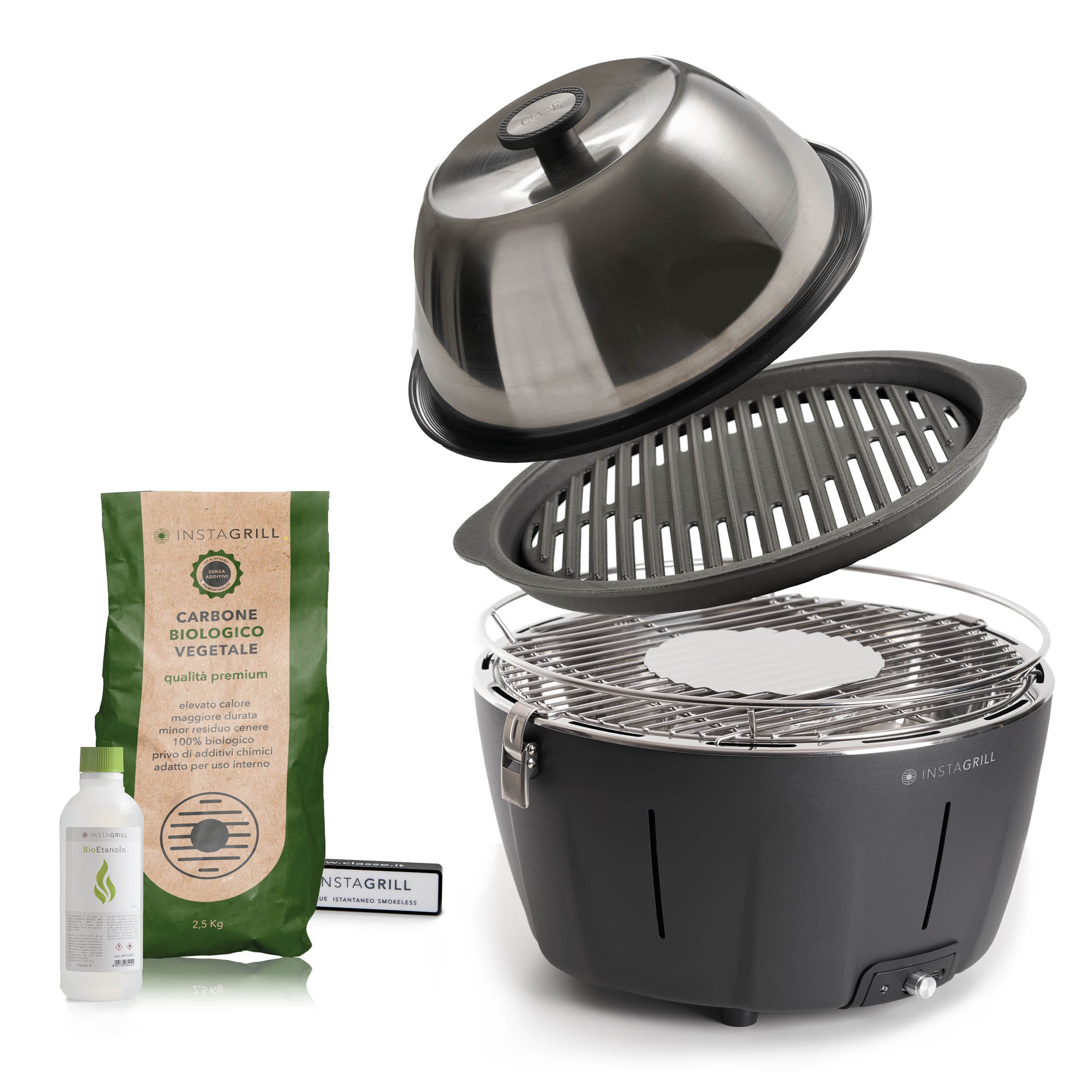 Instagrill Pro Nero Antracite, il Barbecue da Tavolo a bassa emissione di fumo, completo dei suoi accessori e di starter kit.
