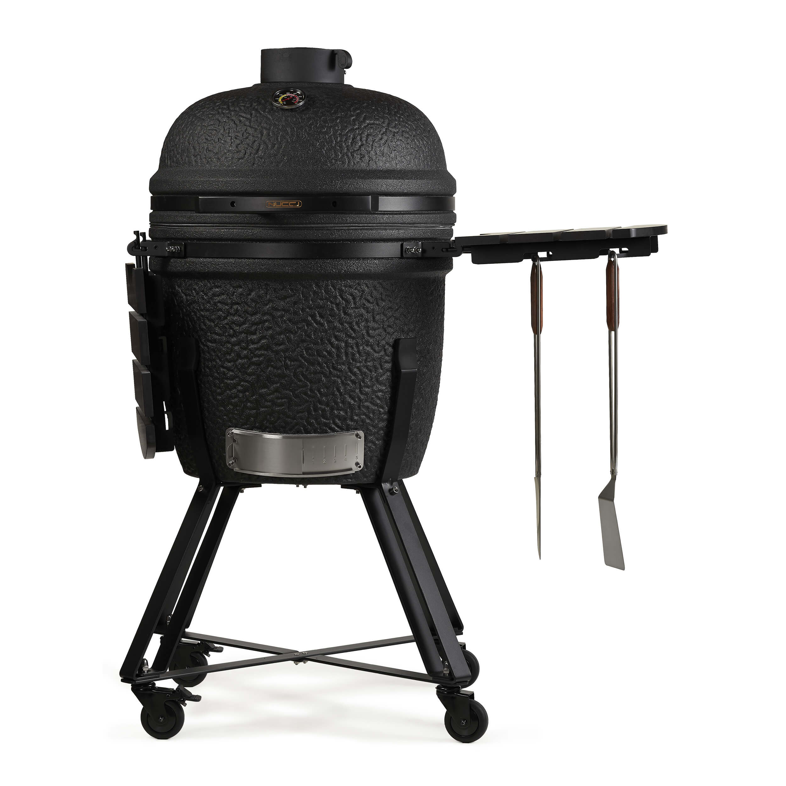 Barbecue Kamado Black Large Classe Italy su carrello con ruote con ripiano aperto, perfetto per cucinare all'aperto in giardino o in terrazza