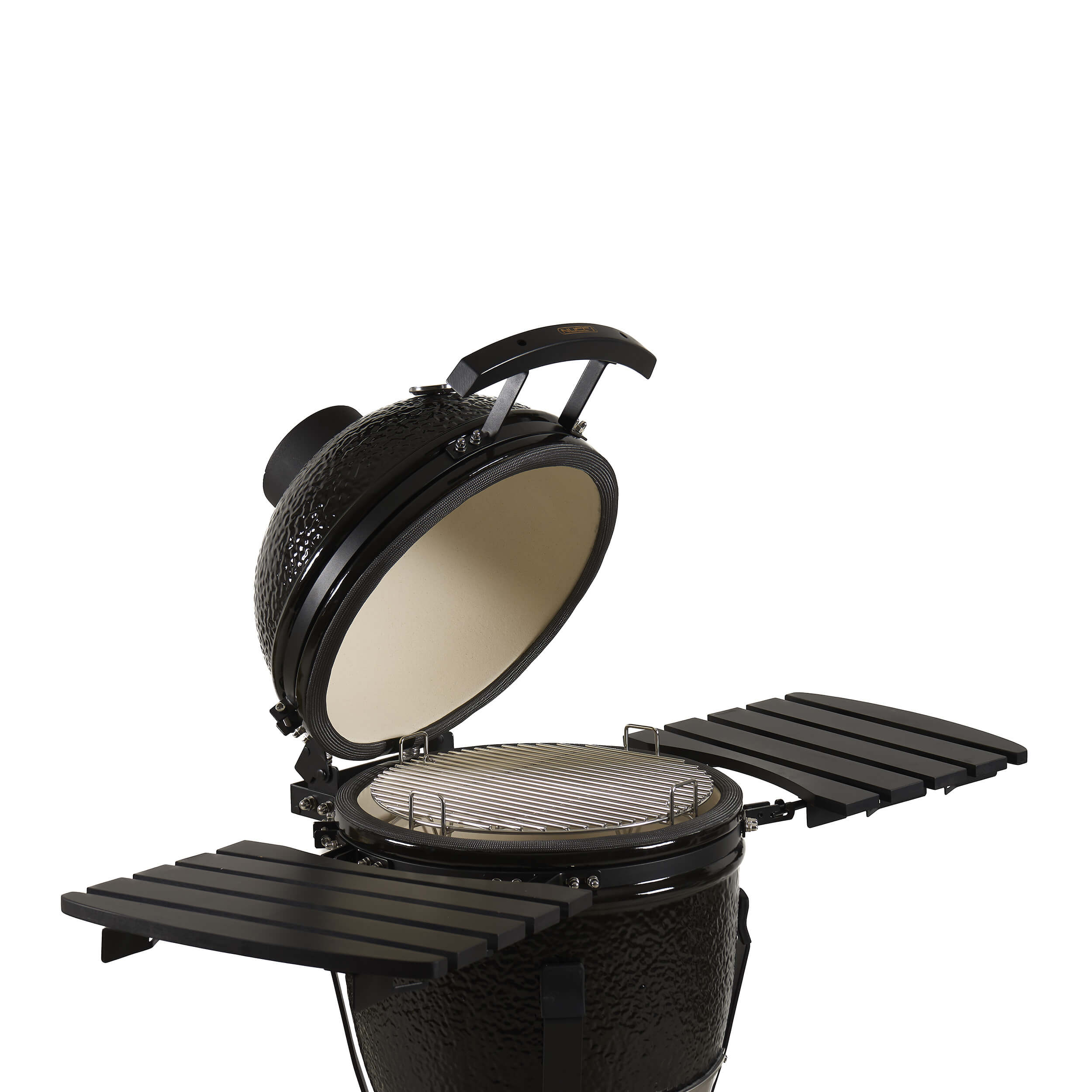 Barbecue Kamado Black Medium Classe Italy con coperchio aperto, che mostra l'ampia area di cottura in acciaio inox e l'interno in ceramica resistente al calore