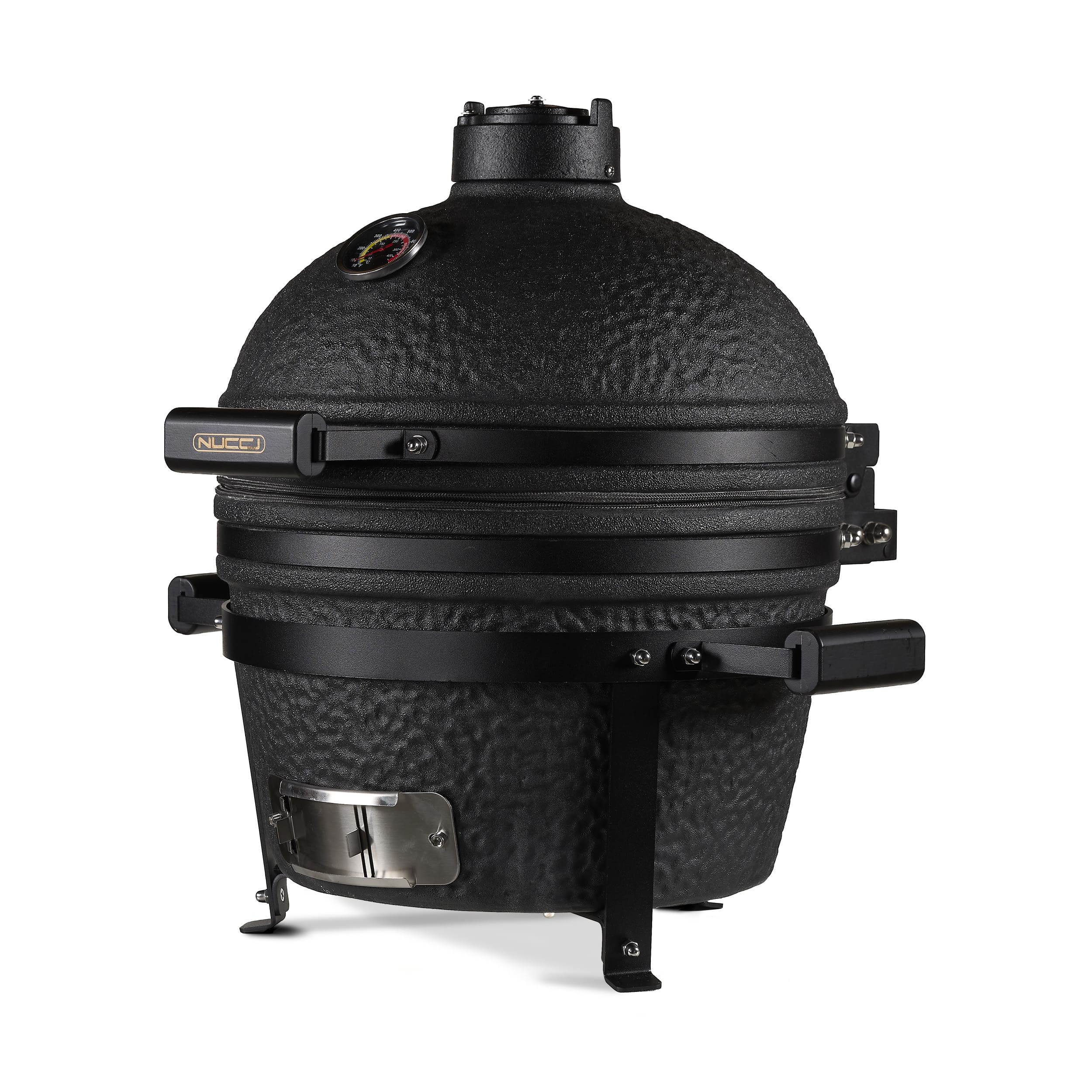 Barbecue Kamado Black Minimax Classe Italy su supporto con manici in legno, perfetto per cucinare all'aperto in giardino o in terrazza