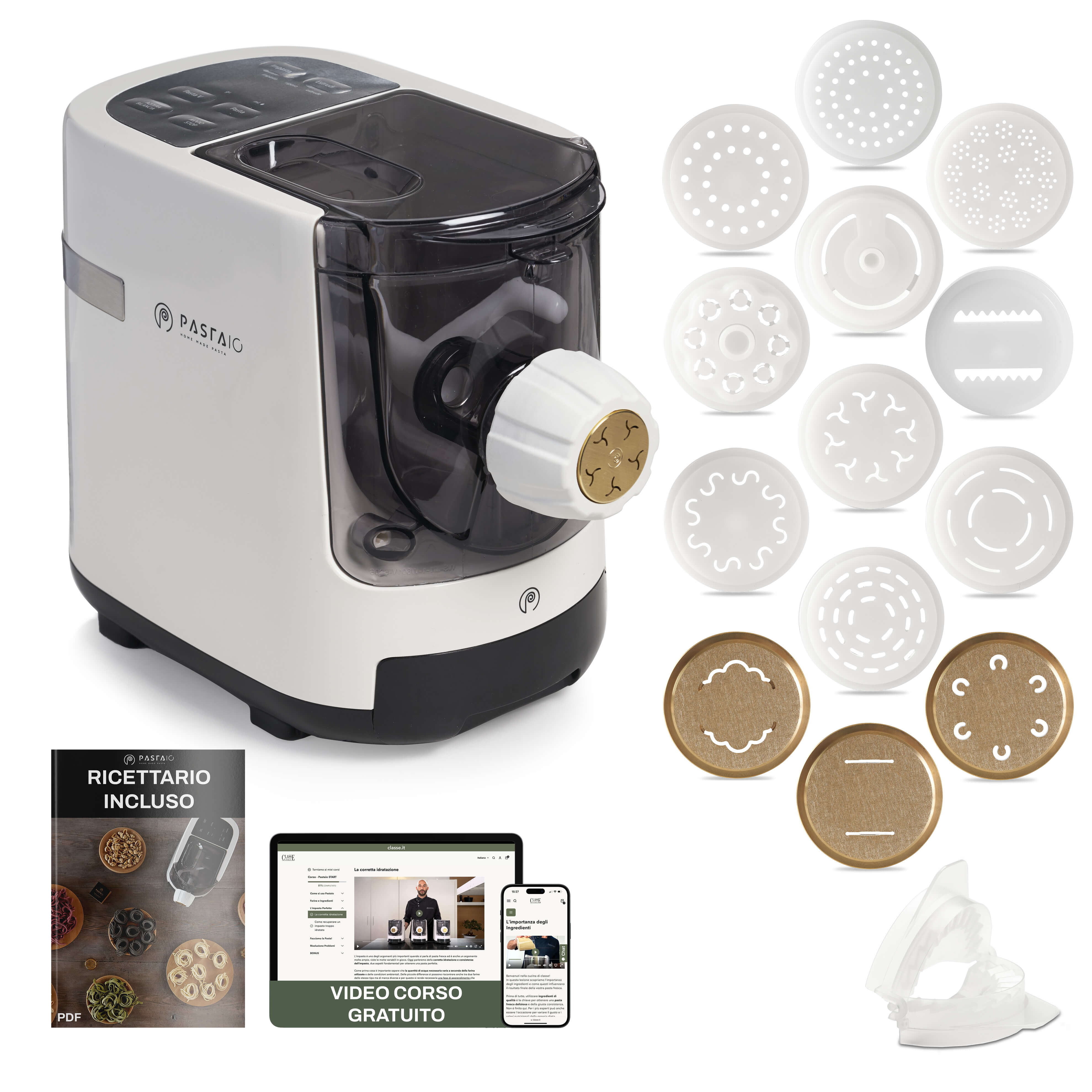 Macchina per la pasta PASTAIO Premium e per gli impasti con 14 trafile di cui 3 trafile in bronzo