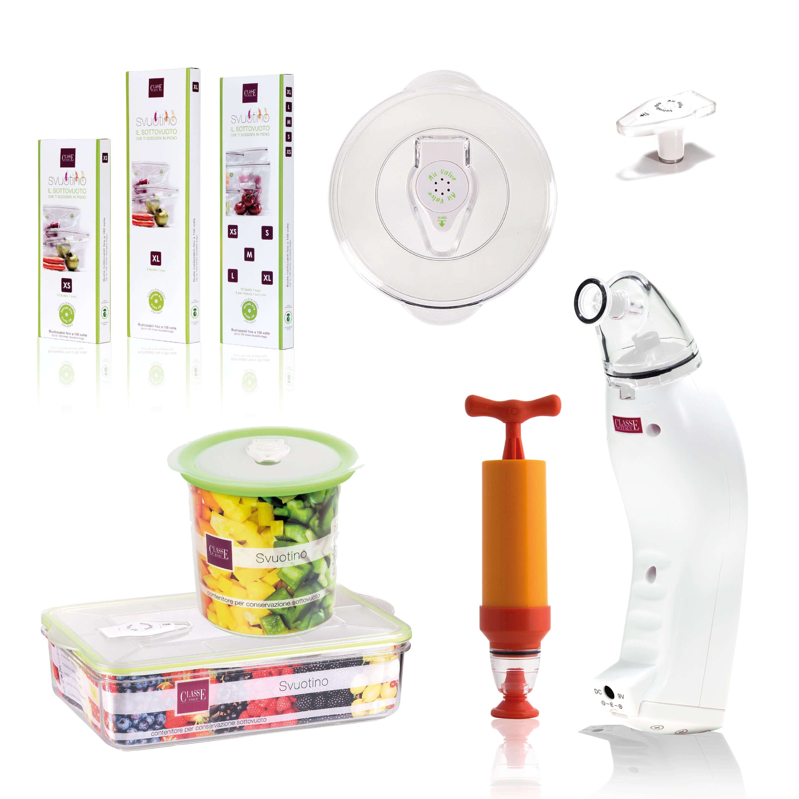 Svuotino Set Family nella variante bianca, il set del palmare VinOk pensato per le famiglie, comprensivo di contenitori in varie misure, buste per sottovuoto, coperchio universale, tappo per bevande e estrattore manuale sottovuoto in omaggio
