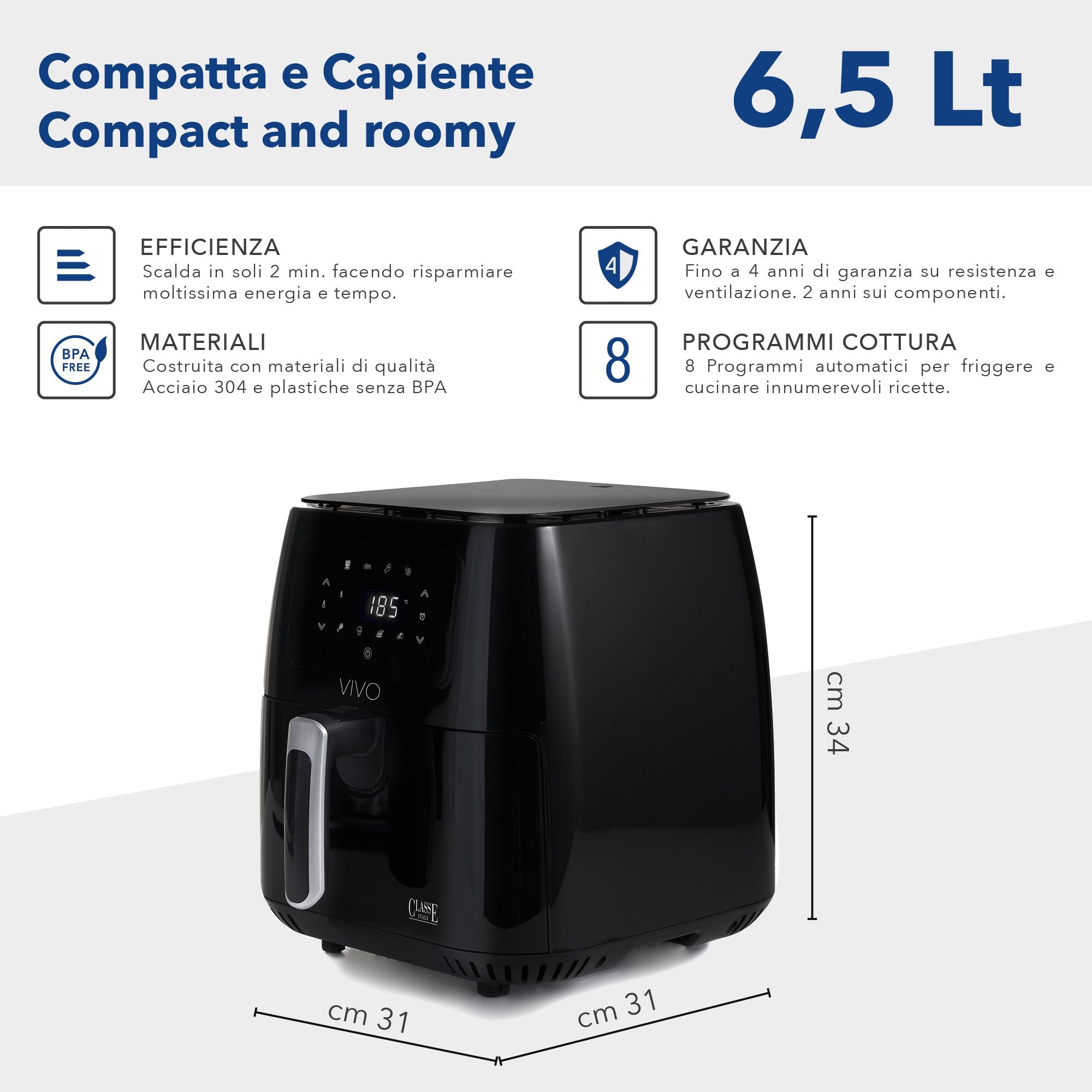 FRIGGITRICE AD ARIA  6,5 Litri Nero Lucido| VIVO Air Fryer