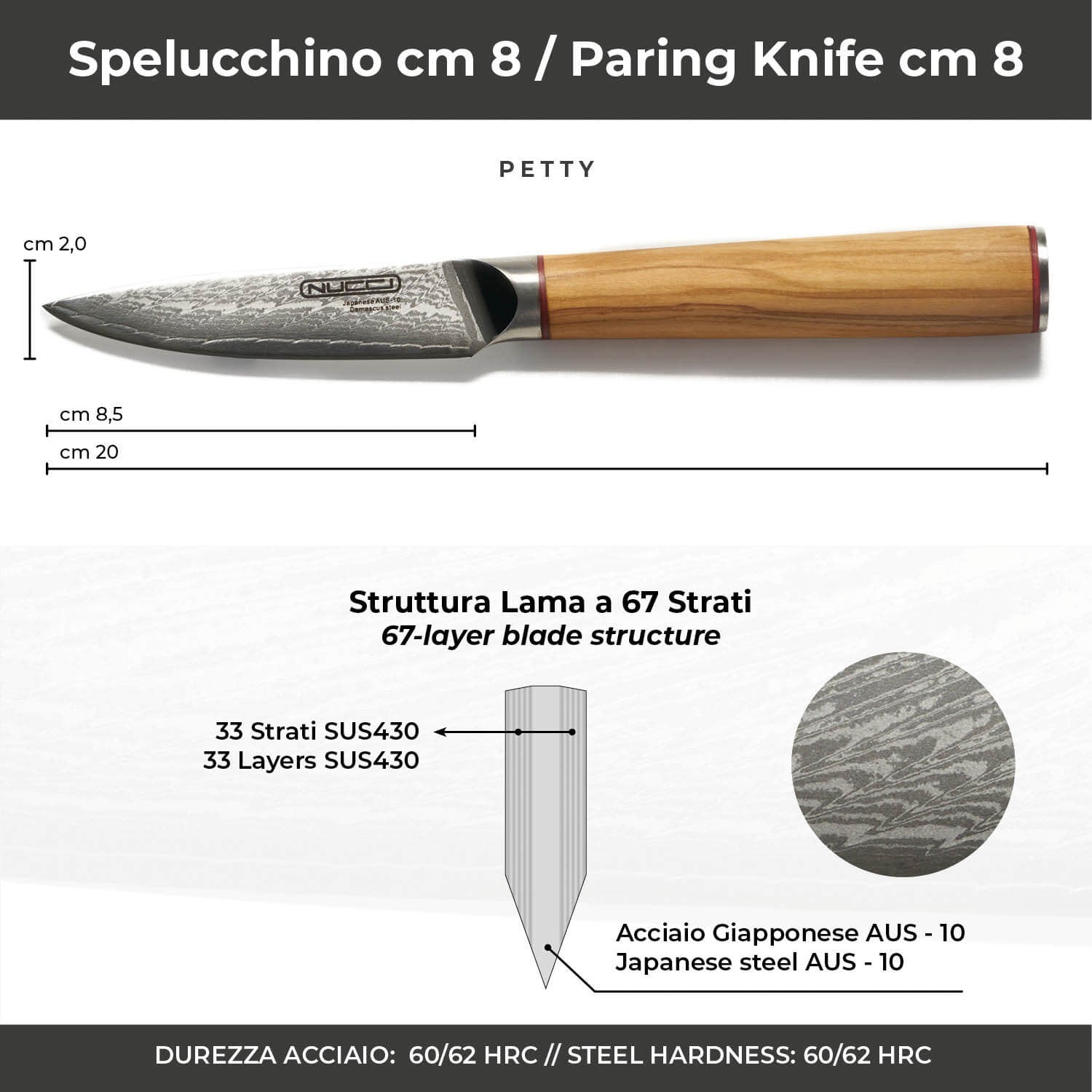 Coltello Spelucchino cm 8 Damascato Acciaio Giapponese AUS-10 manico Olivo