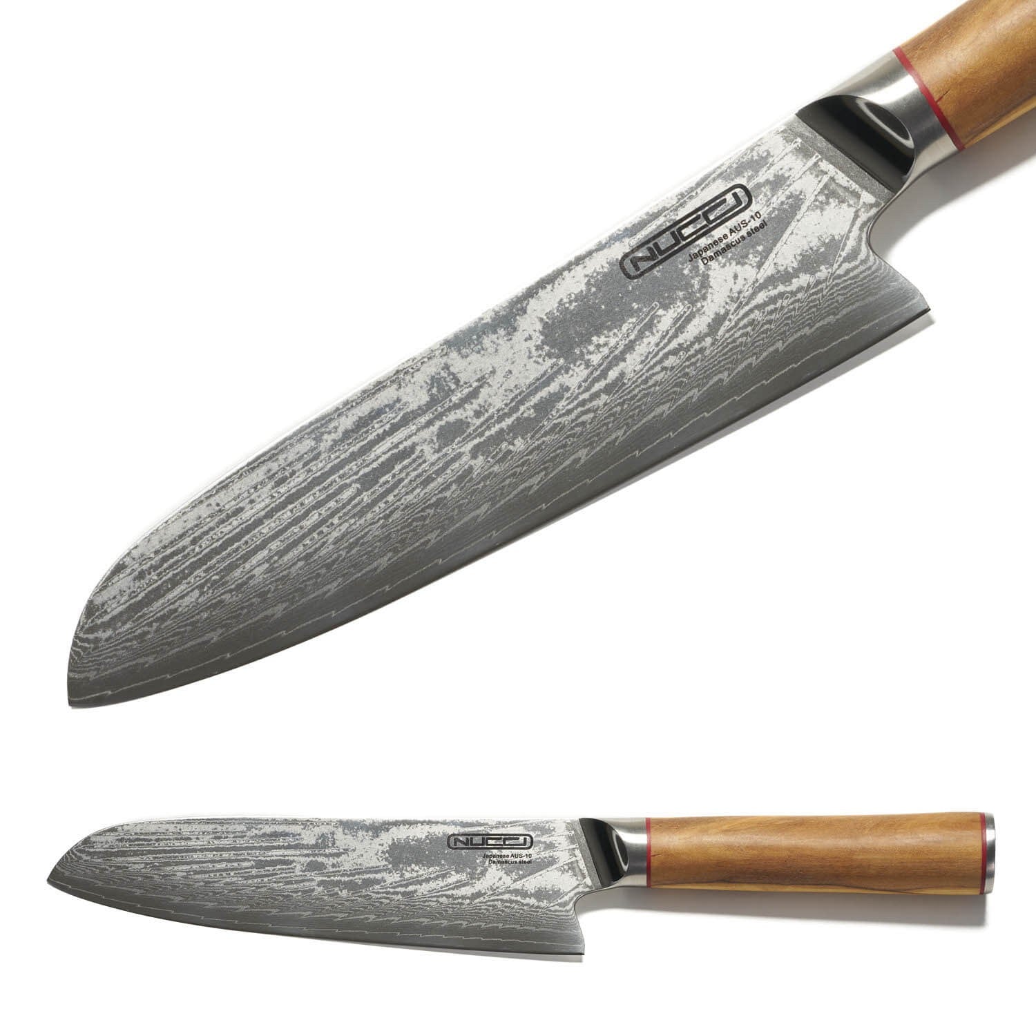 Coltello Santoku cm 18 Damascato Acciaio Giapponese AUS-10 manico Olivo