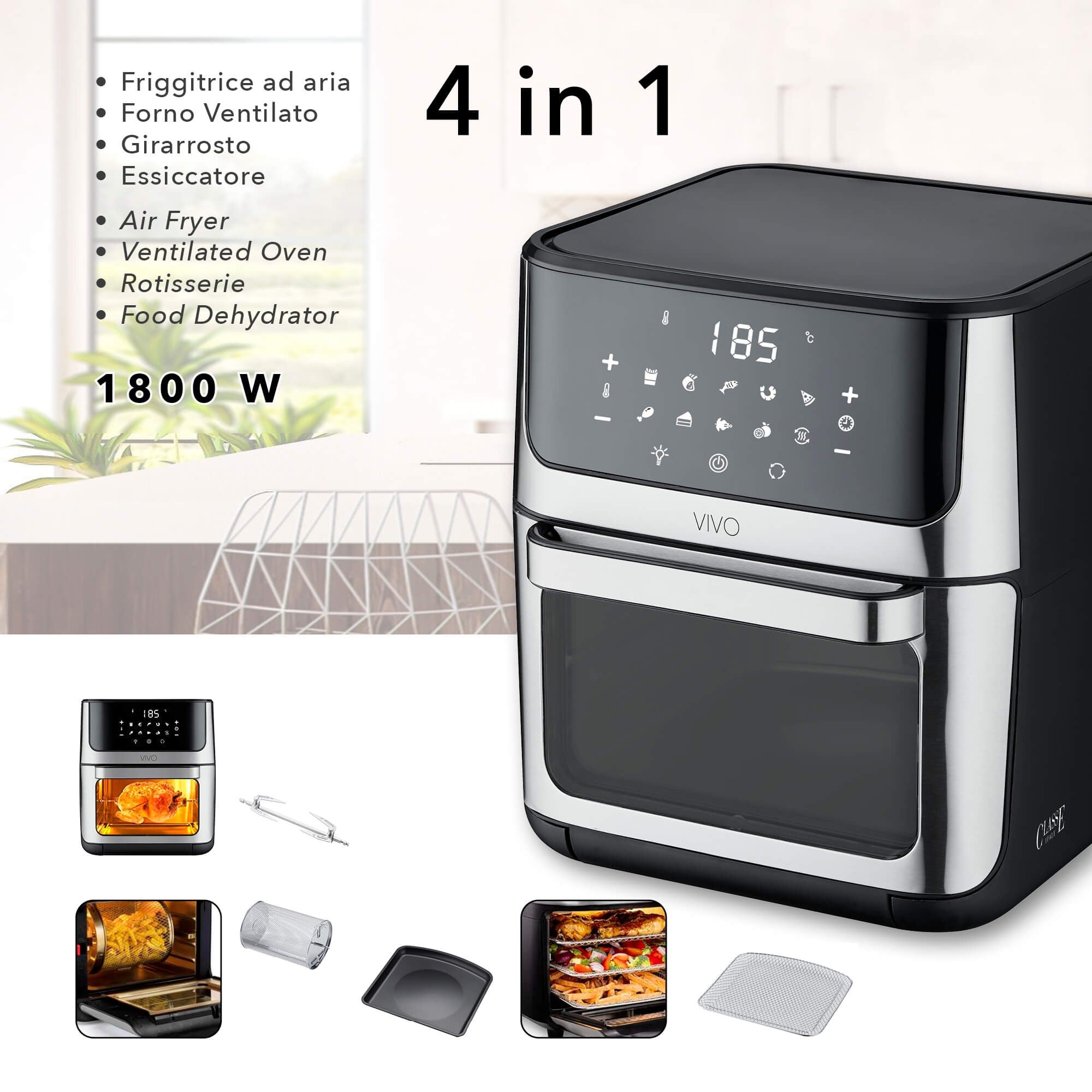 FRIGGITRICE AD ARIA  12 Litri - 4 in 1 Forno  essiccatore girarrosto e friggitrice