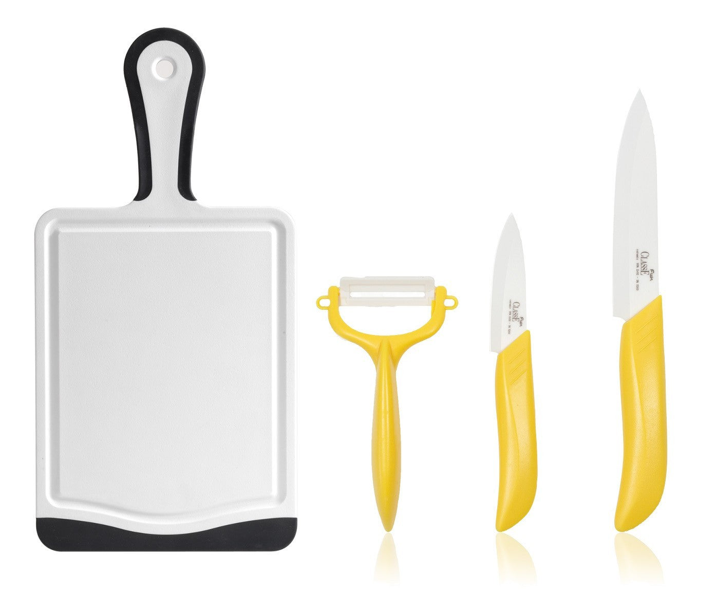 Coltelli in Ceramica Set 3 Pz Frutta e Verdura Crude + Tagliere con manico 35 x 20 Giallo