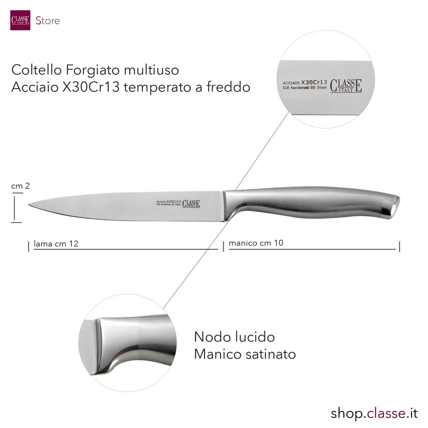 COLTELLO CUCINA FORGIATO CM.12 MANICO ACCIAIO DETTAGLIO MISURE