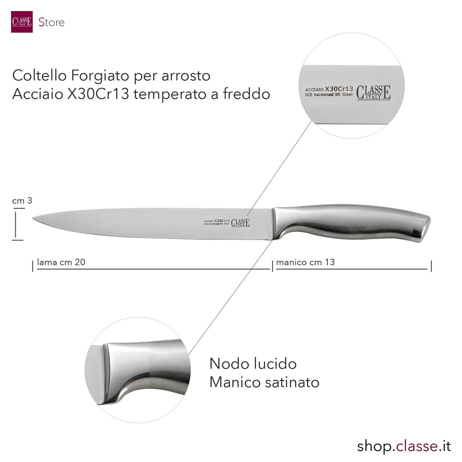 Coltello forgiato arrosto cm 20 acciaio totale dettaglio misure