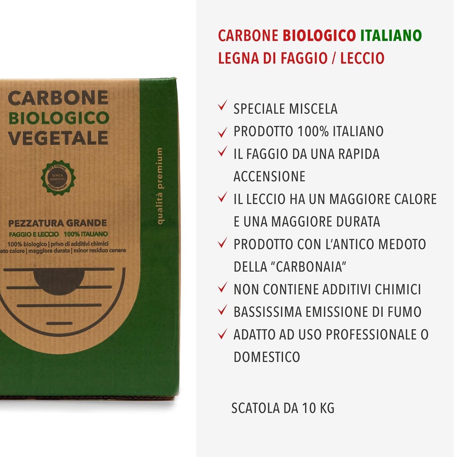 Carbone Vegetale di Legna di alta Qualità - Faggio e Leccio 10Kg - Pezzatura Grande - Dettaglio Caratteristiche