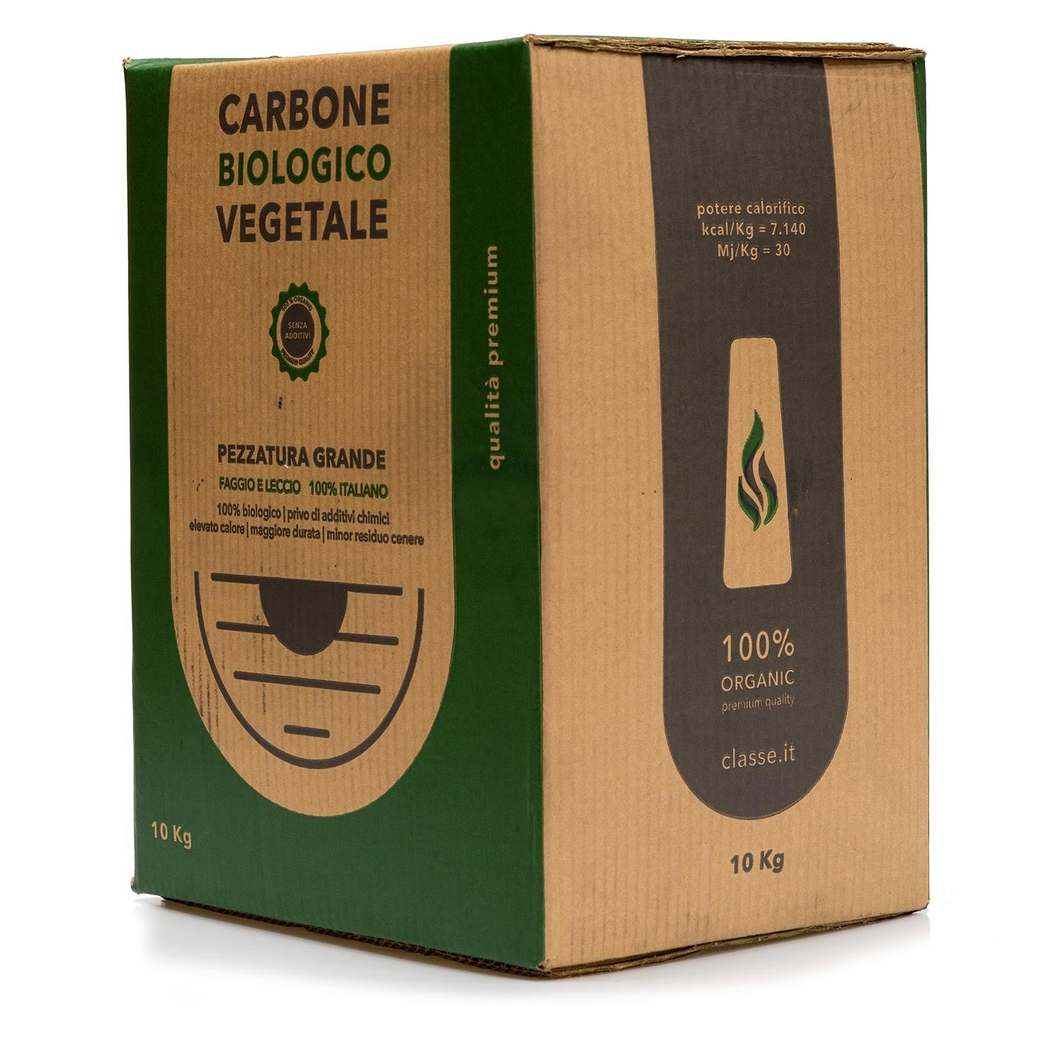 Vista laterale del Carbone Vegetale di Legna di alta Qualità - Faggio e Leccio 10Kg - Pezzatura Grande