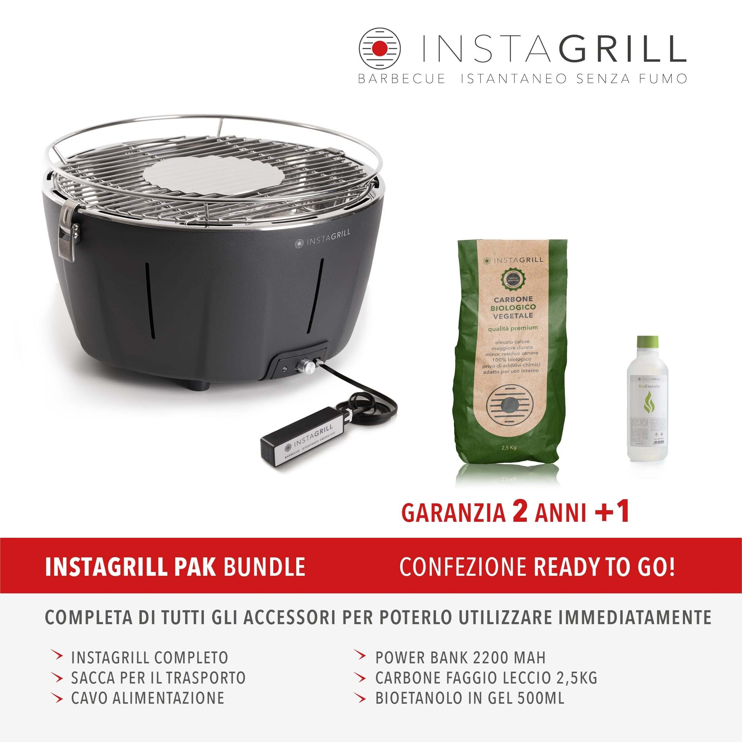 Barbecue da tavolo senza fumo portatile InstaGrill |  PAK con carbone e BioEtanolo inclusi | colore Antracite