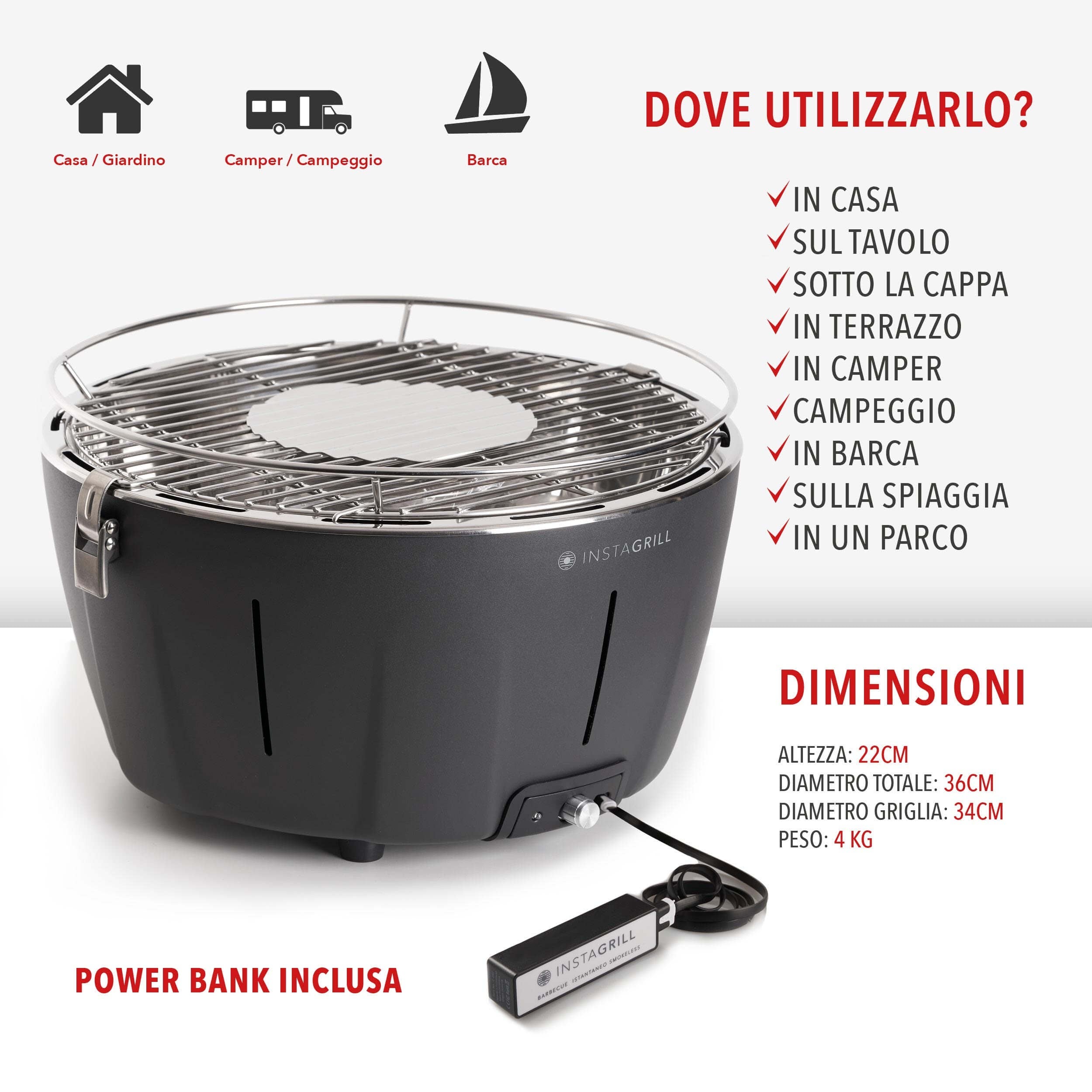 Barbecue da tavolo senza fumo portatile InstaGrill |  PAK con carbone e BioEtanolo inclusi | colore Antracite