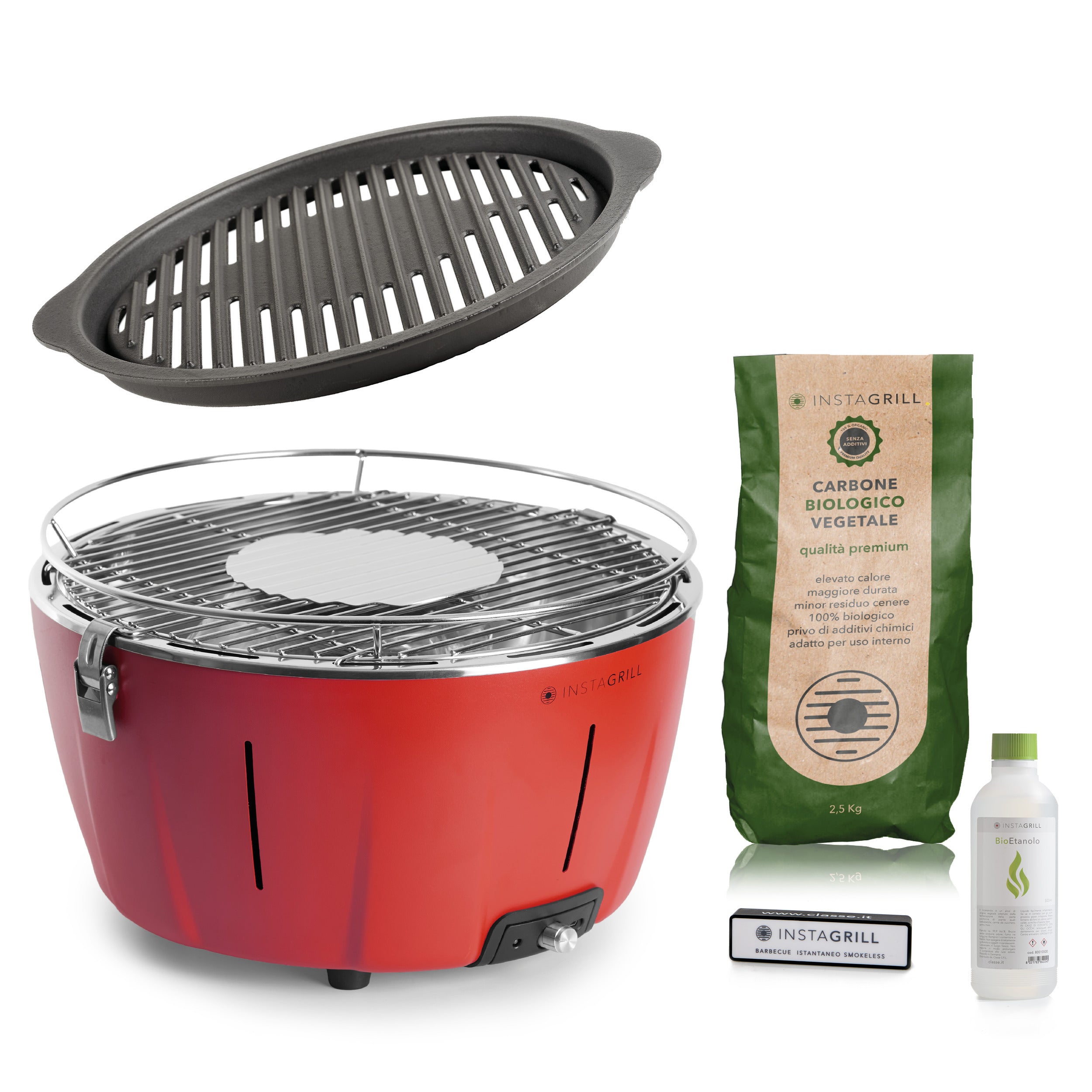 Instagrill Advanced Rosso Corallo, il Barbecue da Tavolo a bassa emissione di fumo, completo dei suoi accessori e di starter kit. 