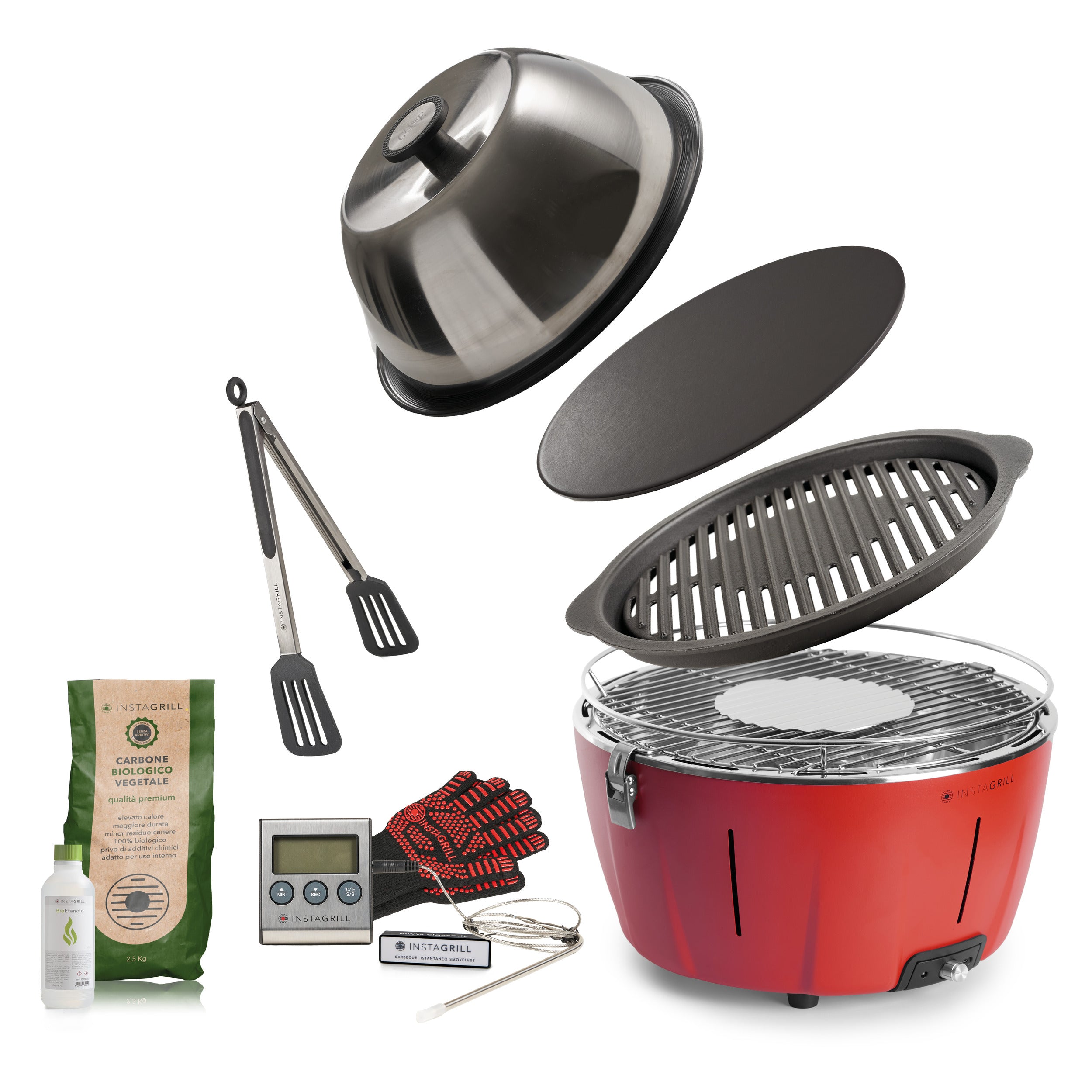 Instagrill Master Griller Rosso Corallo, il Barbecue da Tavolo a bassa emissione di fumo, completo dei suoi accessori e di starter kit. 