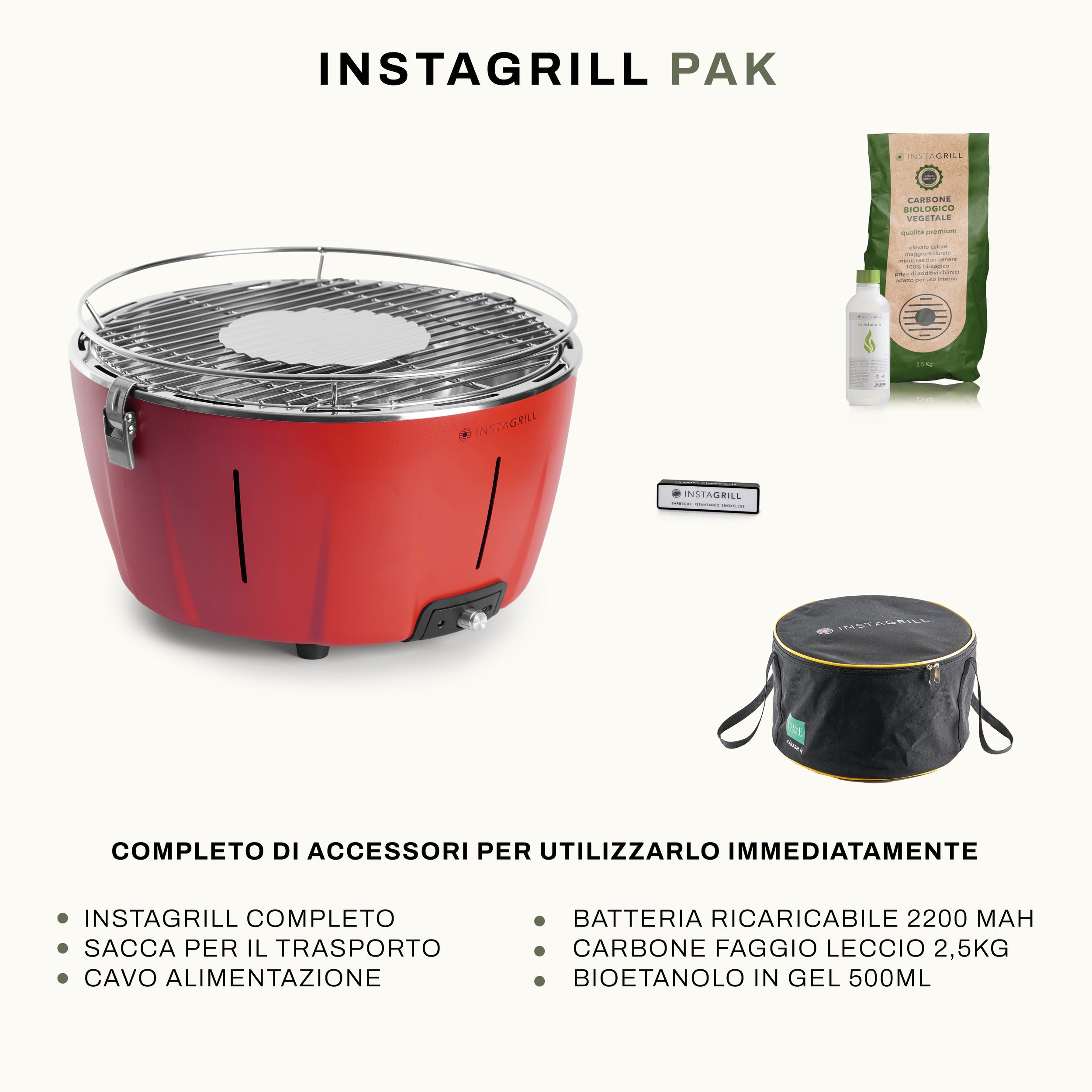 Instagrill Pak Rosso Corallo, il Barbecue da Tavolo a bassa emissione di fumo, completo dei suoi accessori: sacca per il trasporto, carbone di faggio, bioetanolo in gel e power bank con cavo di alimentazione.