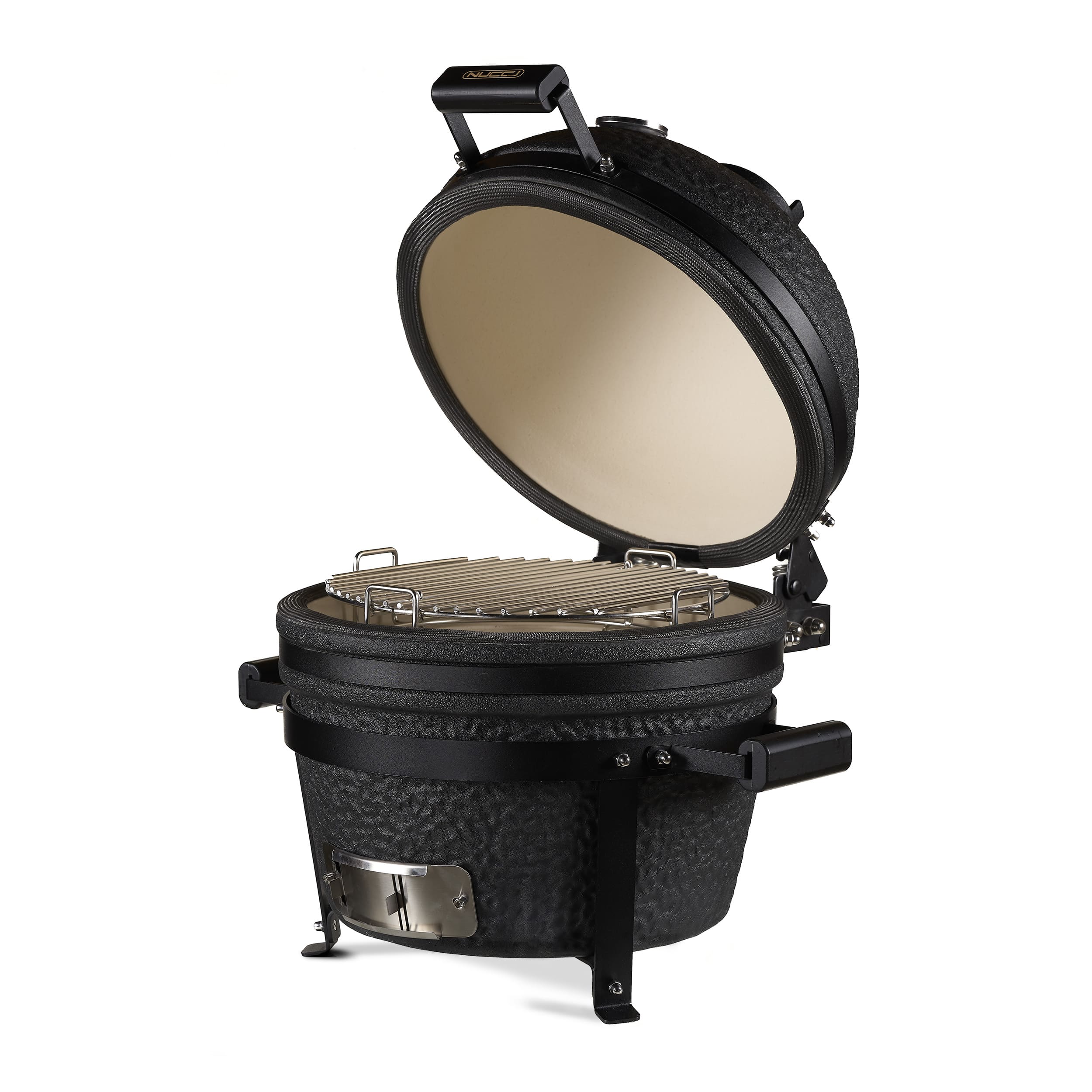 Barbecue Kamado Black Minimax Classe Italy con coperchio aperto, che mostra l'ampia area di cottura in acciaio inox e l'interno in ceramica resistente al calore