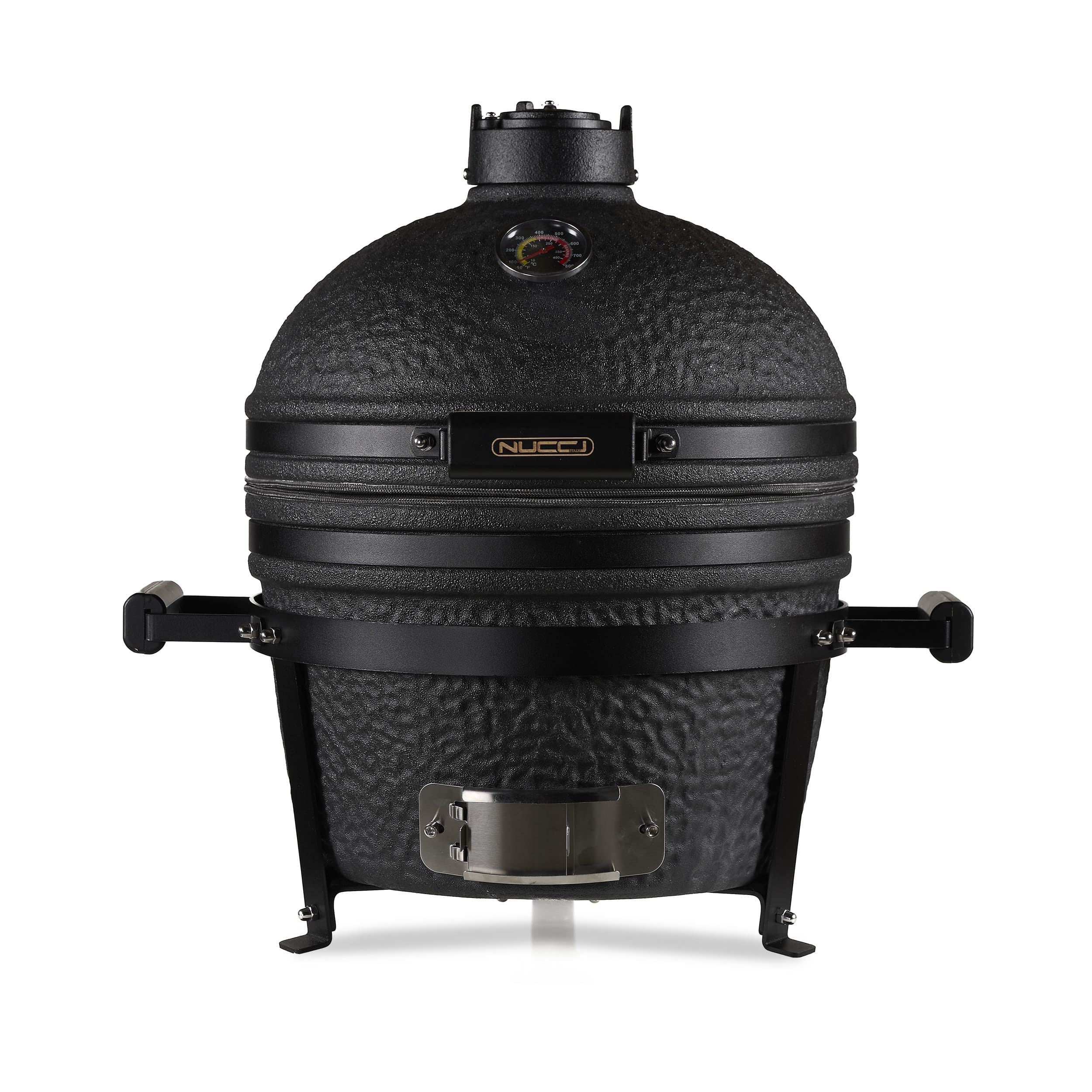 Vista frontale del barbecue Kamado Black Minimax Classe Italy con finitura nera opaca e manici in legno