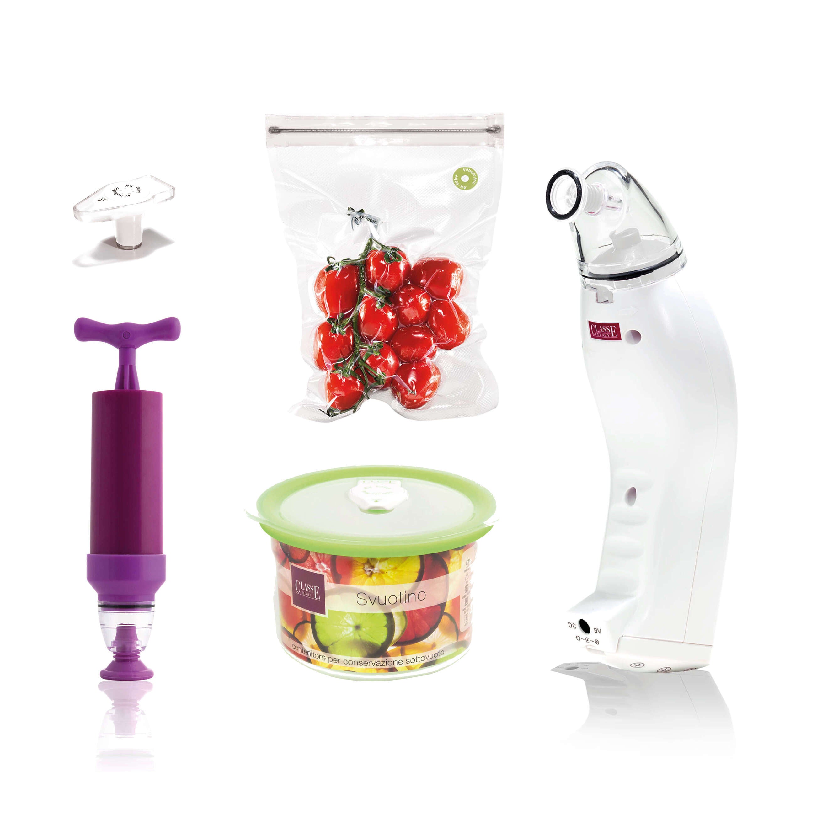 Il Set Svuotino nella variante bianca, il set del palmare VinOk pensato per avere tutto il necessario fin dai primi utilizzi, comprensivo di contenitore da 0,6 L, buste per sottovuoto, tappo per bevande e estrattore manuale sottovuoto in omaggio