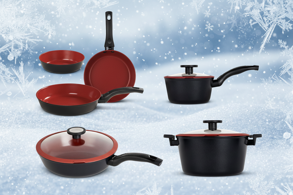 utilizza l'immagine del mio prodotto Set 8pz padelle tuscany e crea una immagine in tema winter sales. NON inserire testo nell'immagine